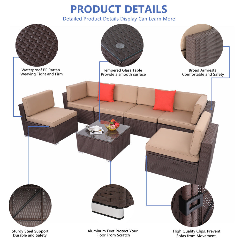 Large Seven-Piece Set 2 Corners 4 No Armrests 1 Square Table Coffee Table Dark Brown Tree Pattern Rattan Khaki Cushion XH