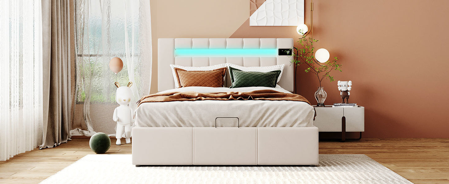 Upholstered Bed Full Size with LED light; Bluetooth Player and USB Charging; Hydraulic Storage Bed in Velvet Fabric