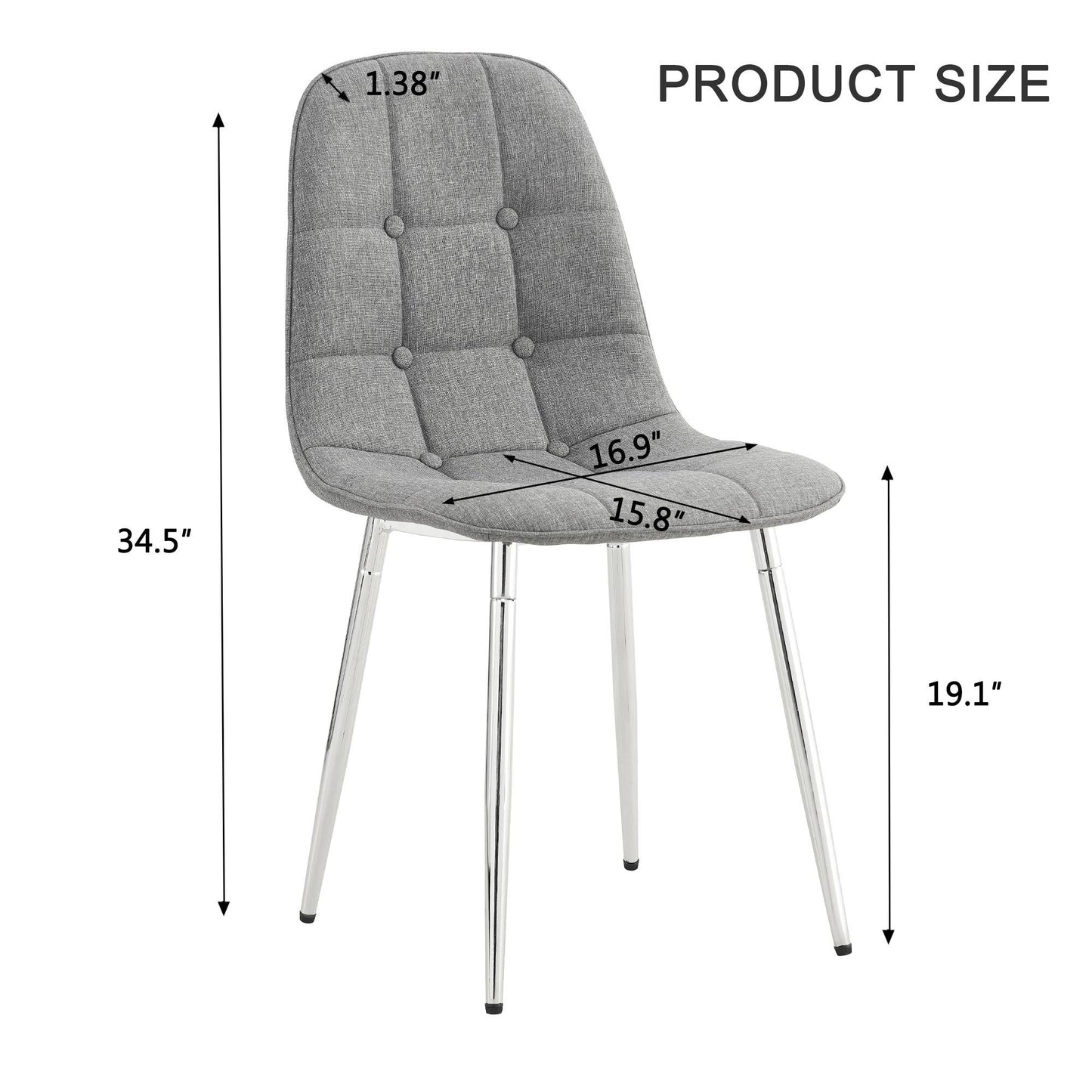 Dining Chairs Set of 4; Modern Mid-Century Style Dining Kitchen Room Upholstered Side Chairs; Soft Tufted Linen Fabric with Inset Buttons; Chrome Metal Legs; for Kitchen Lounge Farmhouse; Light Gray