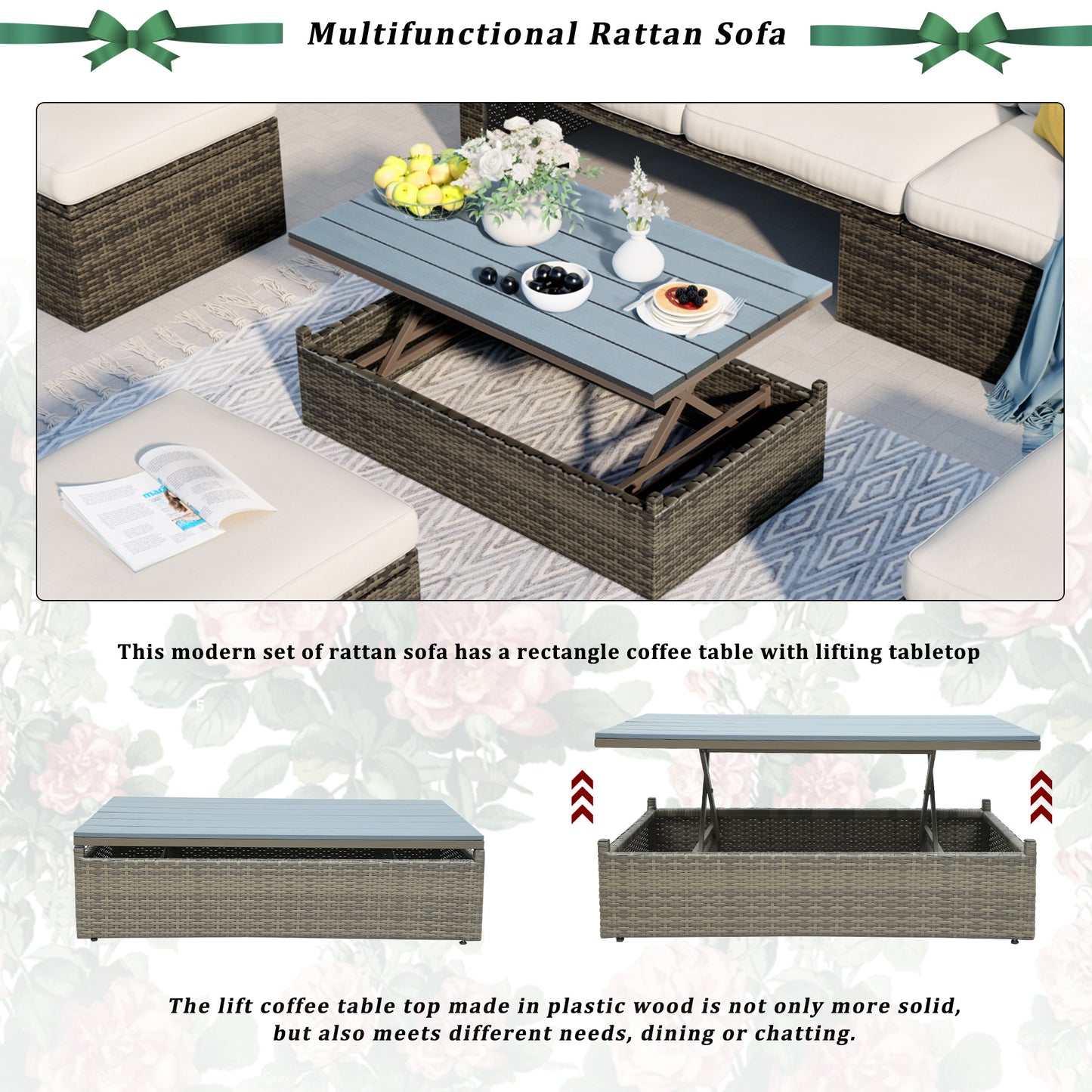 Patio Furniture Sets; 5-Piece Patio Wicker Sofa with Adustable Backrest; Cushions; Ottomans and Lift Top Coffee Table
