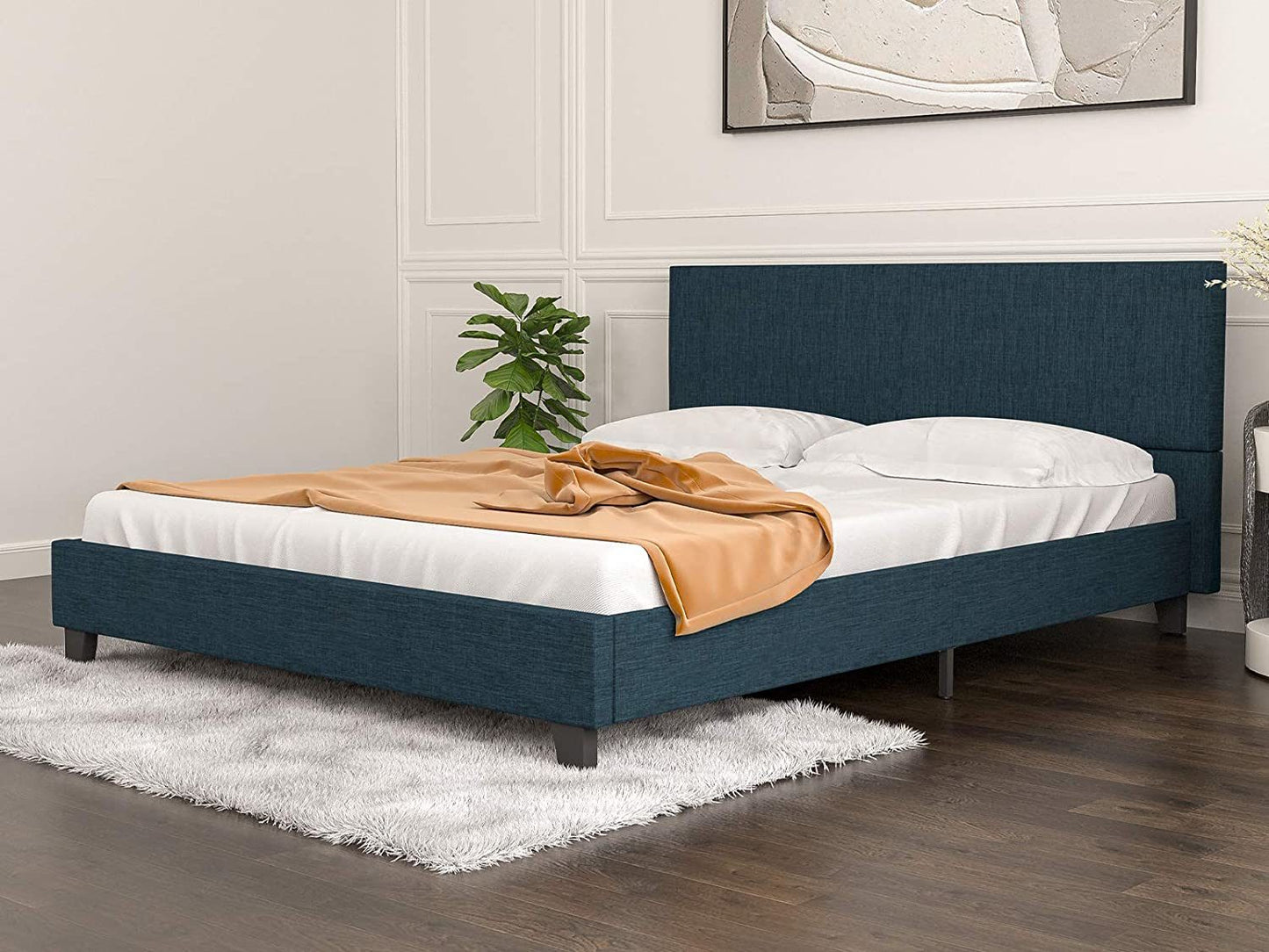 mecor Upholstered Linen Platform Bed Frame | Queen Bed Frame with Fabric Headboard / Strong Wood Slats Support / Easy Assembly - Queen Size in Blue Cloth--YS