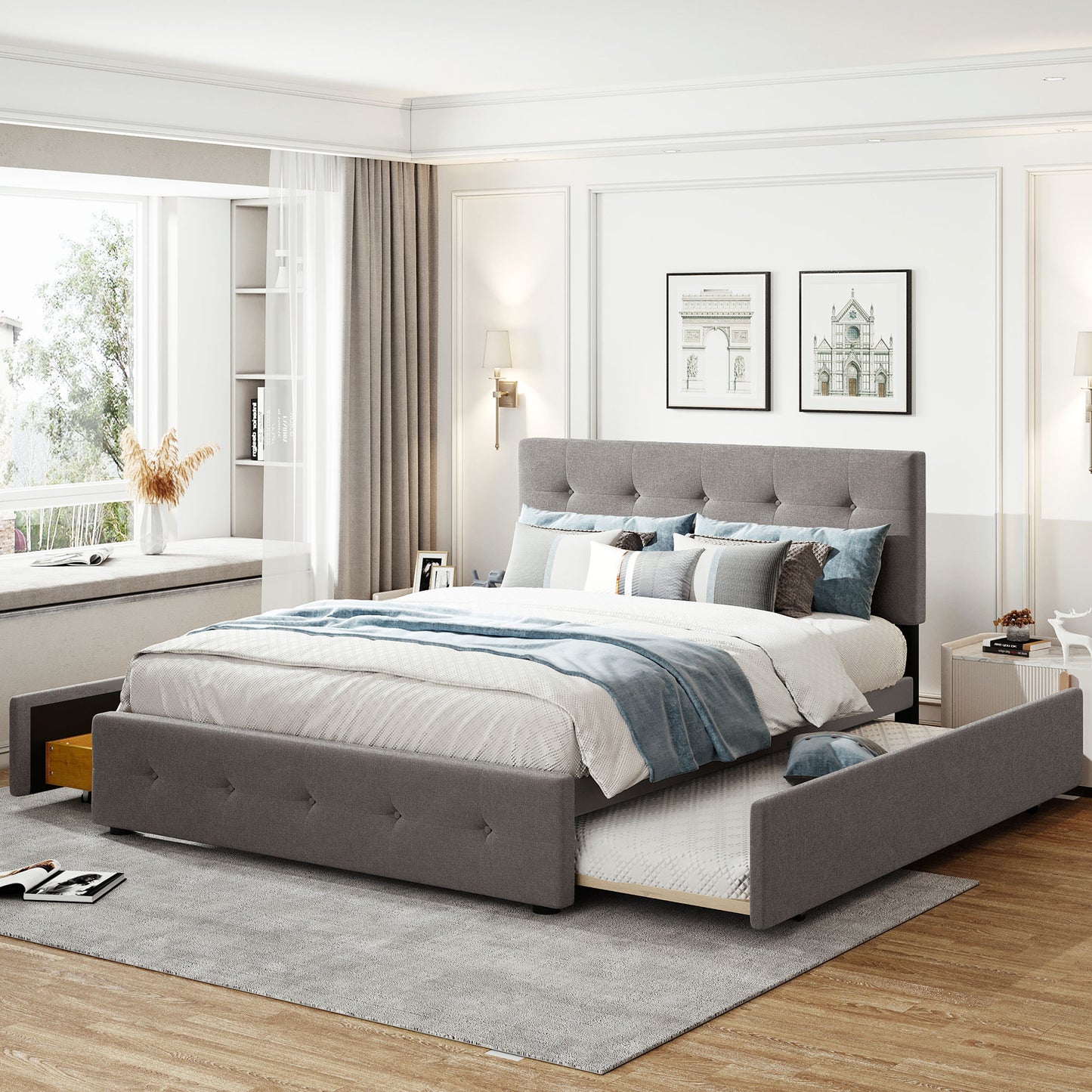 Upholstered Platform Bed with 2 Drawers and 1 Twin XL Trundle; Linen Fabric; Queen Size