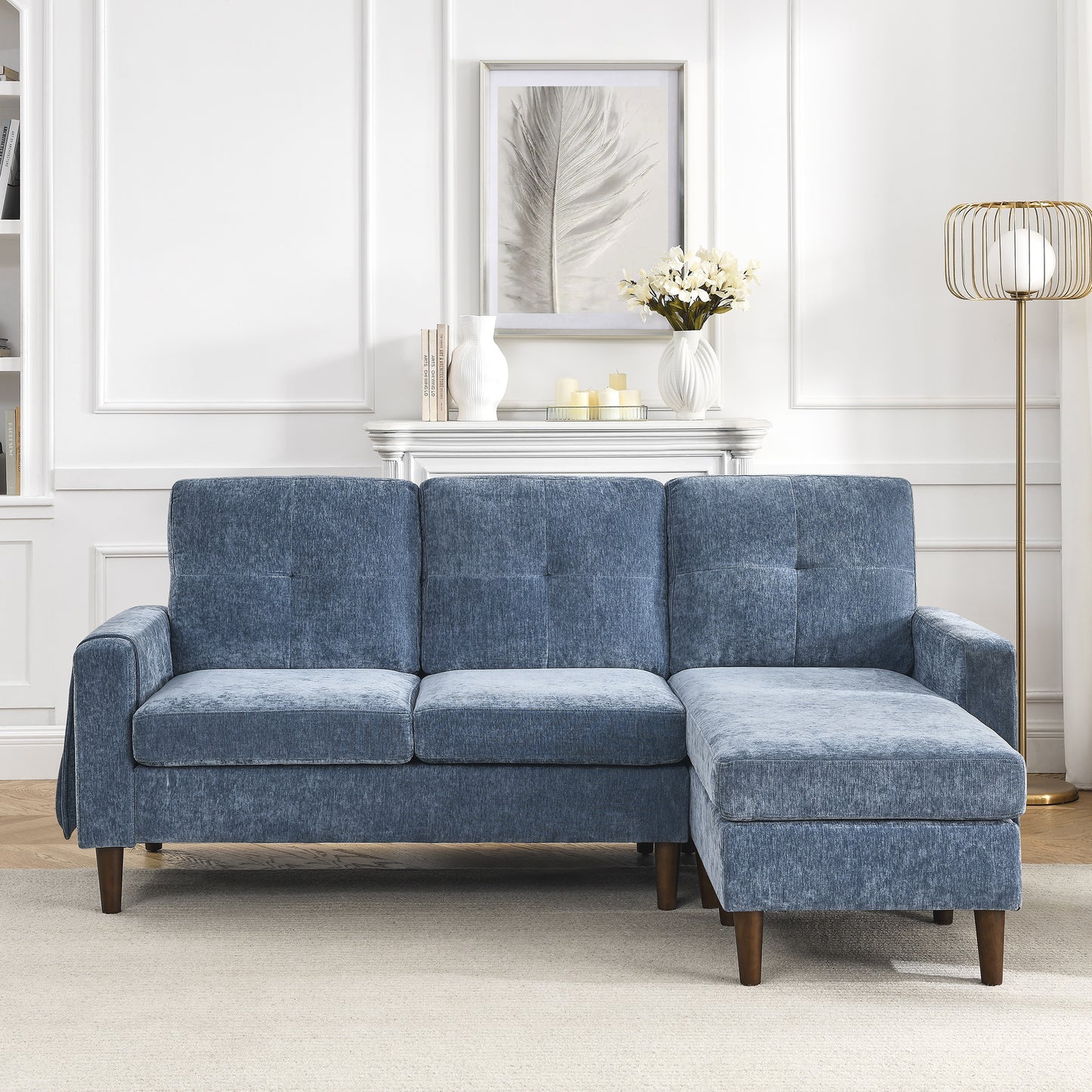 80' Convertible Sectional Sofa Couch; 3 Seats L-shape Sofa with Removable Cushions and Pocket; Rubber Wood Legs