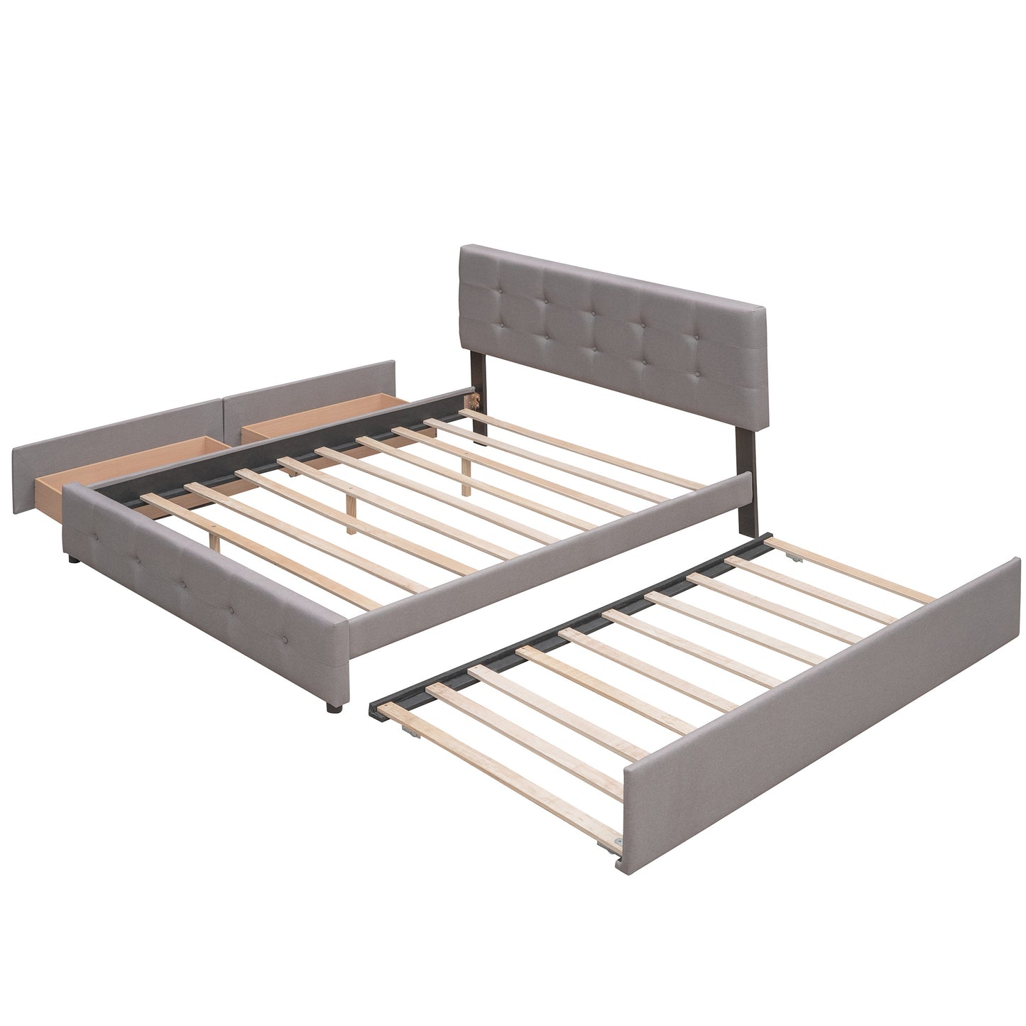 Upholstered Platform Bed with 2 Drawers and 1 Twin XL Trundle; Linen Fabric; Queen Size