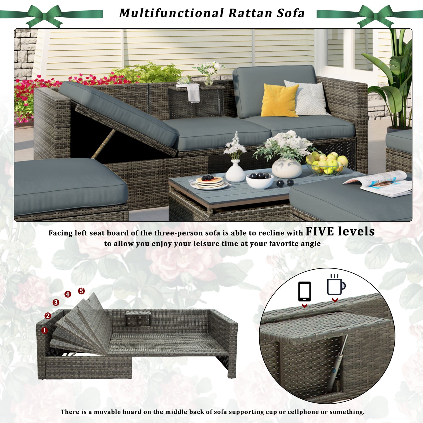 Patio Furniture Sets; 5-Piece Patio Wicker Sofa with Adustable Backrest; Cushions; Ottomans and Lift Top Coffee Table