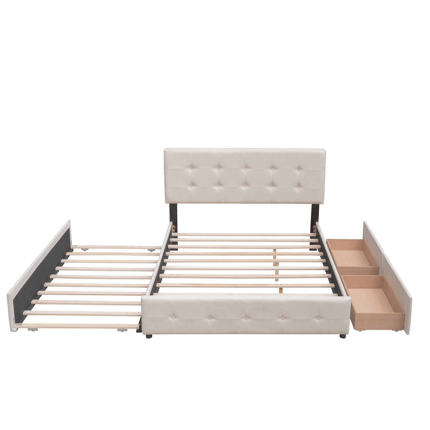 Upholstered Platform Bed with 2 Drawers and 1 Twin XL Trundle; Linen Fabric; Queen Size