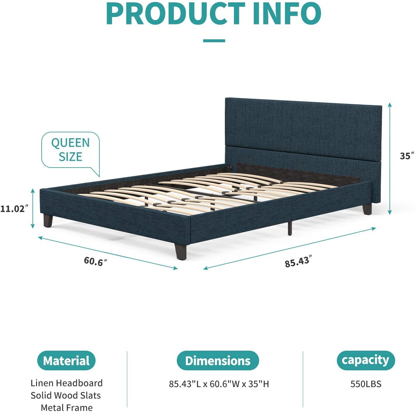 mecor Upholstered Linen Platform Bed Frame | Queen Bed Frame with Fabric Headboard / Strong Wood Slats Support / Easy Assembly - Queen Size in Blue Cloth--YS