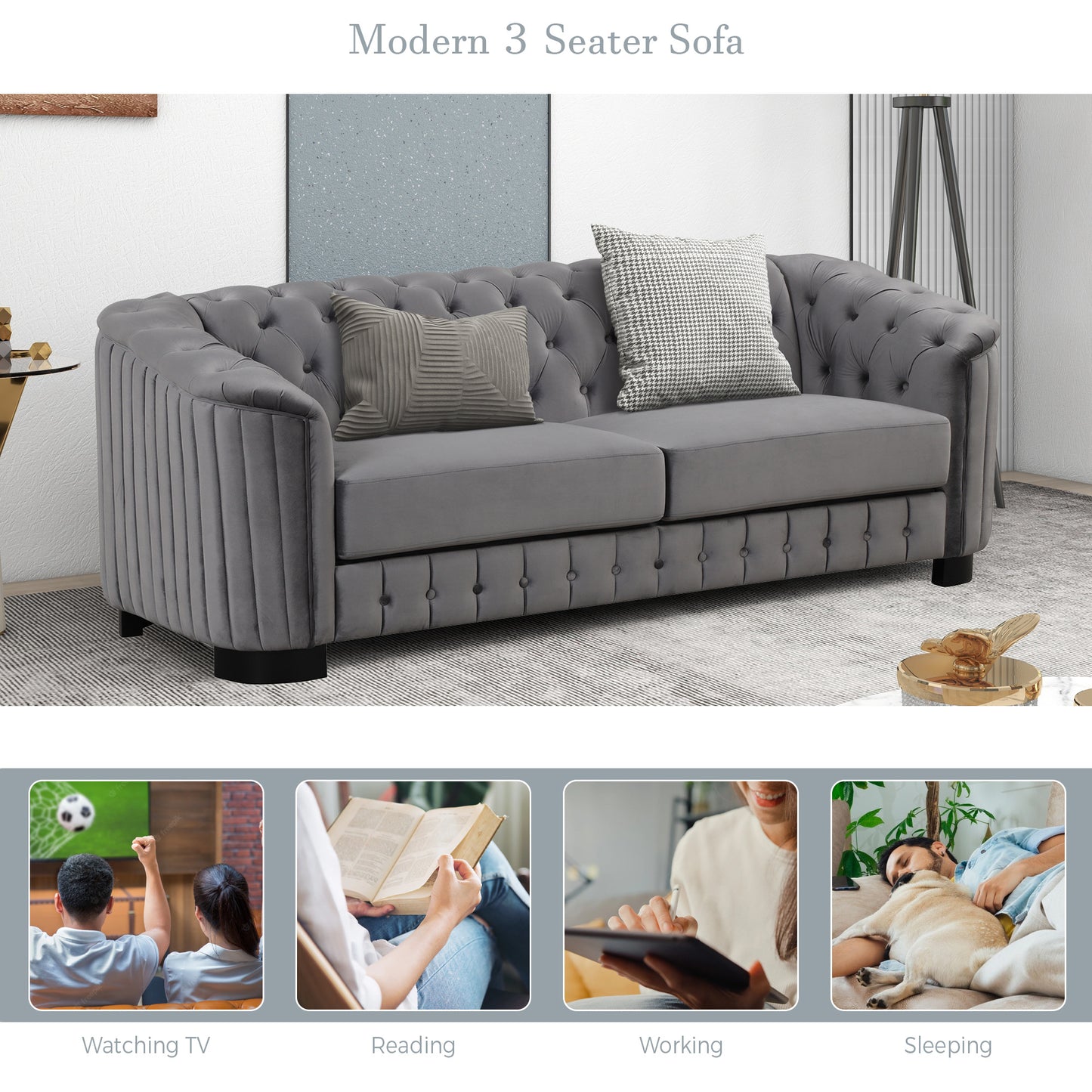 82\" Mid Century Modern Sofa with Rubber Wood Legs; Velvet Upholstered Sofa Couch; Sofa with Thick Removable Seat Cushion; 3 Seater Sofa Couch for Living Room