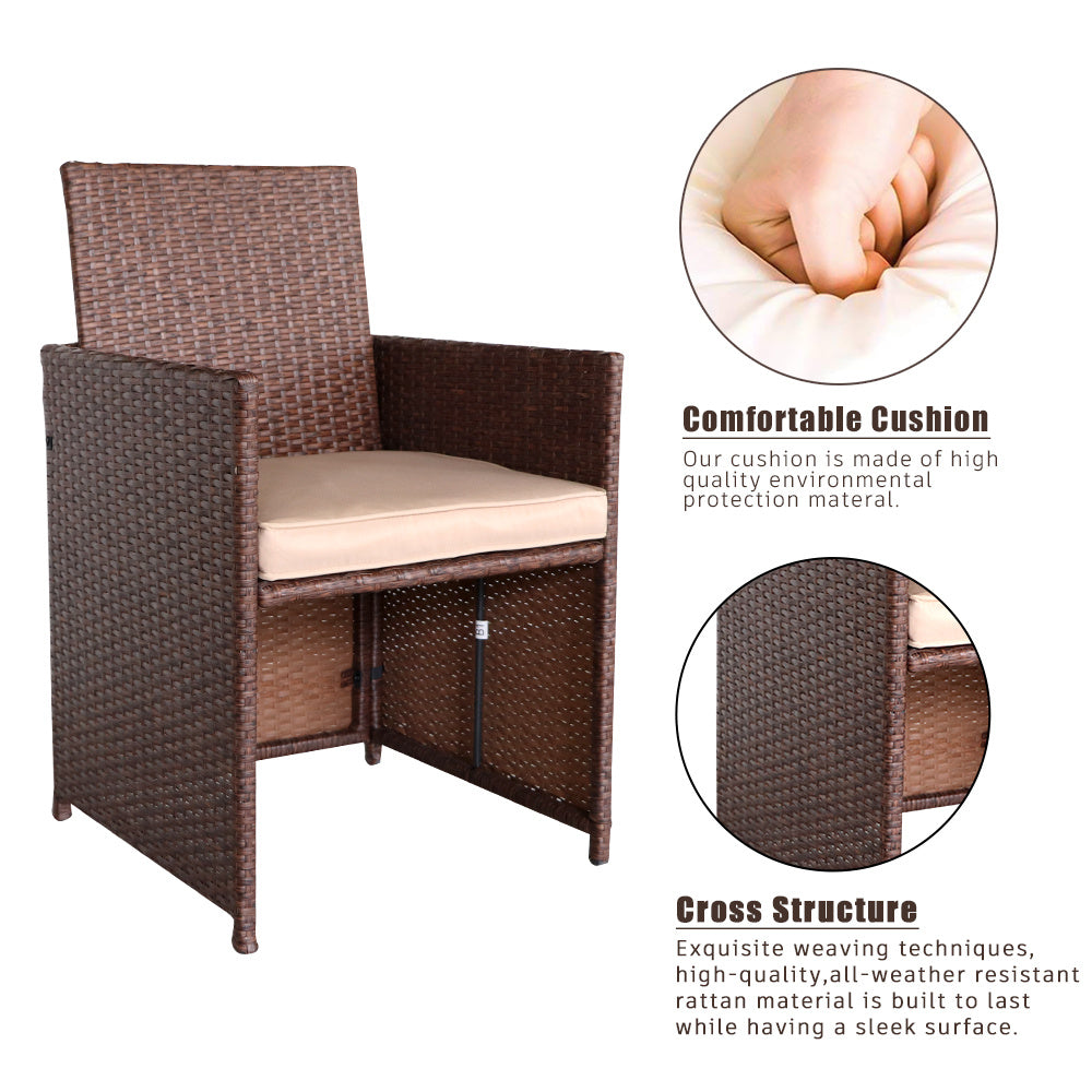 9 Pieces Wood Grain PE Wicker Rattan Dining Ottoman with Tempered Glass Table Patio Furniture Set YJ