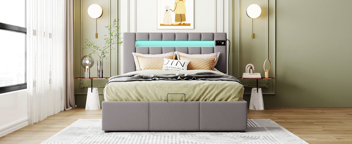 Upholstered Bed Full Size with LED light; Bluetooth Player and USB Charging; Hydraulic Storage Bed in Velvet Fabric
