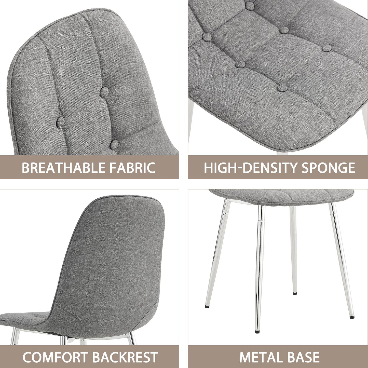 Dining Chairs Set of 4; Modern Mid-Century Style Dining Kitchen Room Upholstered Side Chairs; Soft Tufted Linen Fabric with Inset Buttons; Chrome Metal Legs; for Kitchen Lounge Farmhouse; Light Gray
