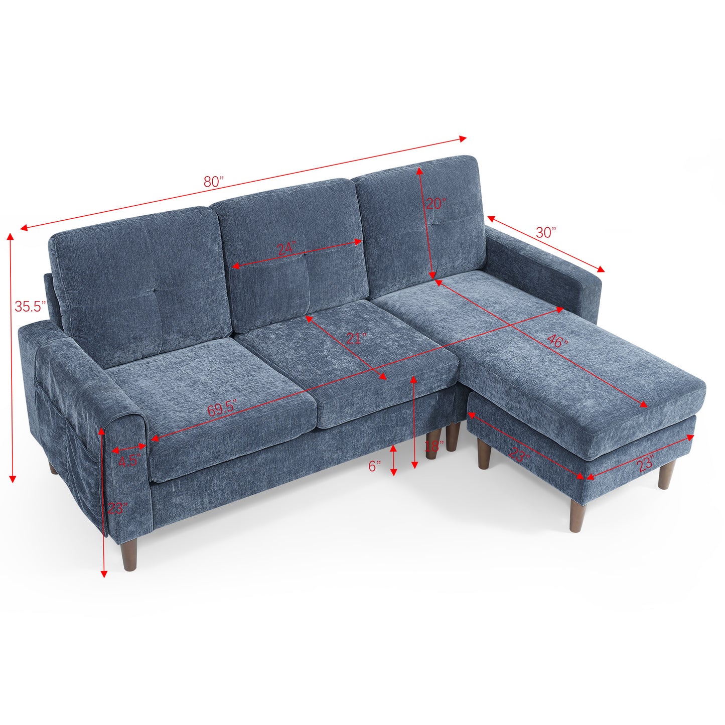80' Convertible Sectional Sofa Couch; 3 Seats L-shape Sofa with Removable Cushions and Pocket; Rubber Wood Legs