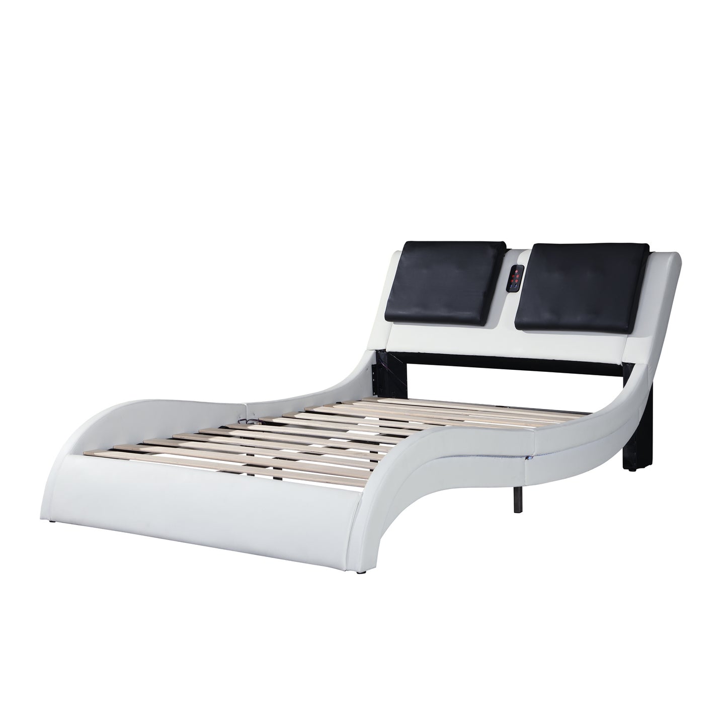 Faux Leather Upholstered Platform Bed Frame with led lighting; Bluetooth connection to play music RGB control; Backrest vibration massage; Curve Design; Wood Slat Support; No Box Spring Needed; Queen