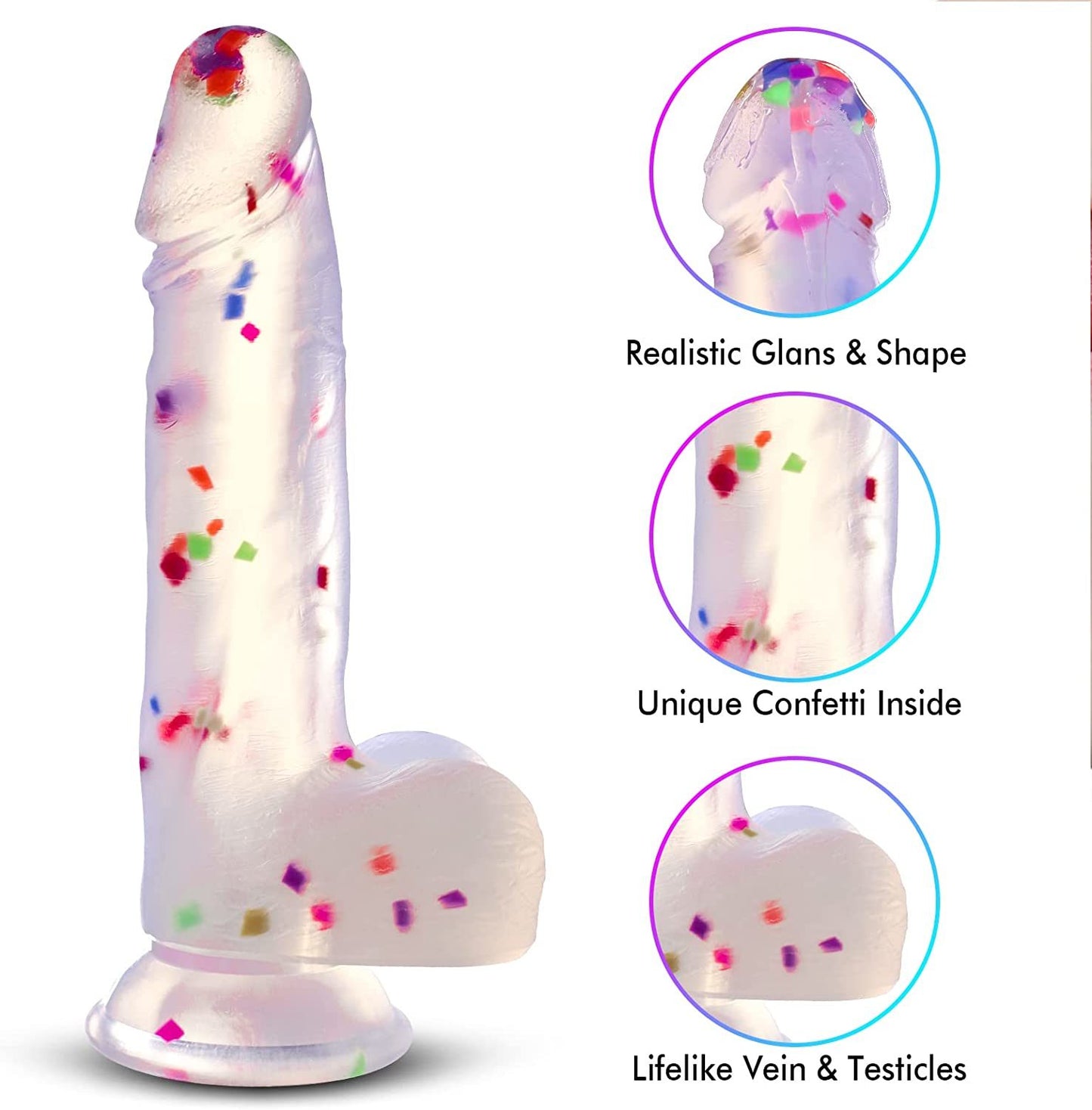 Realistic Dildo with Powerful Suction Cup; Confetti Silicone Crystal Clear G-Spot Vaginal Lifelike Dildo; Waterproof & Skin-Friendly Material Adult Sex Toys for Masturbation Play