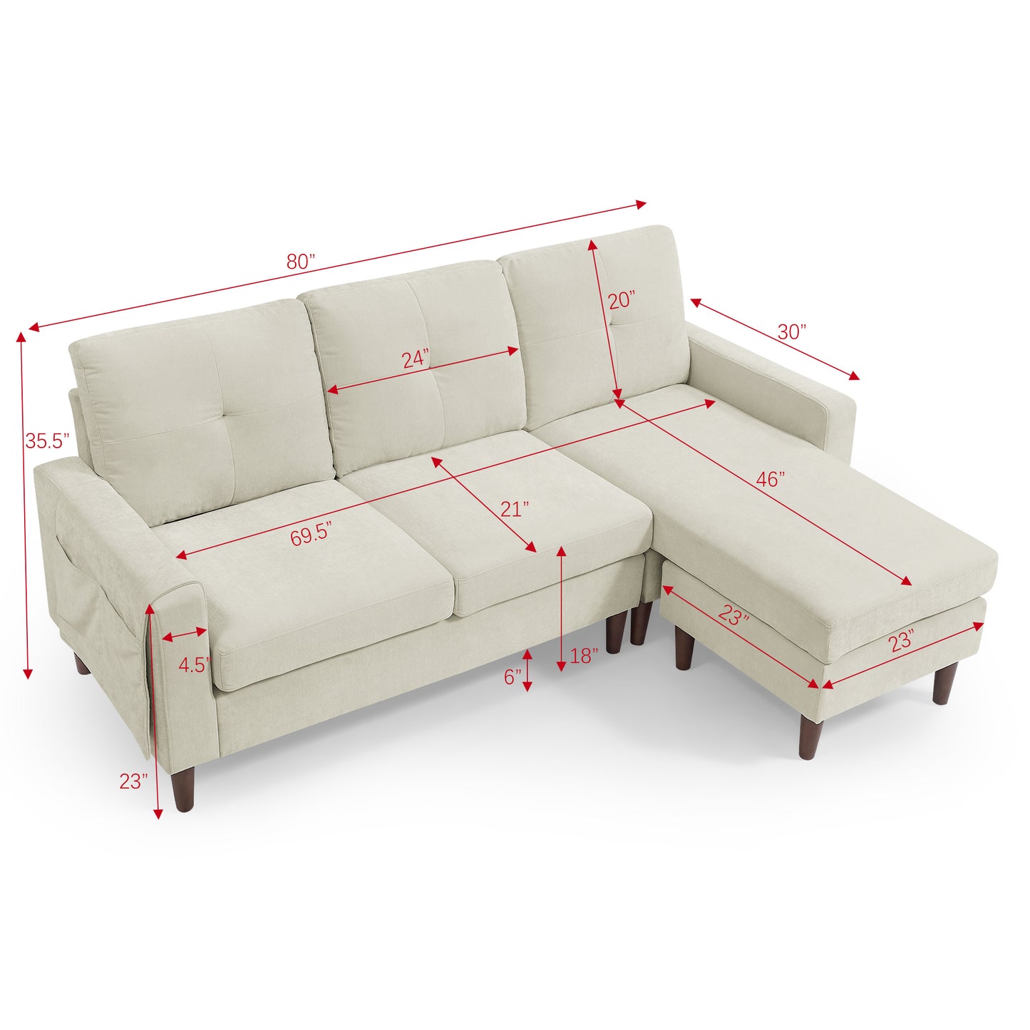 80' Convertible Sectional Sofa Couch; 3 Seats L-shape Sofa with Removable Cushions and Pocket; Rubber Wood Legs