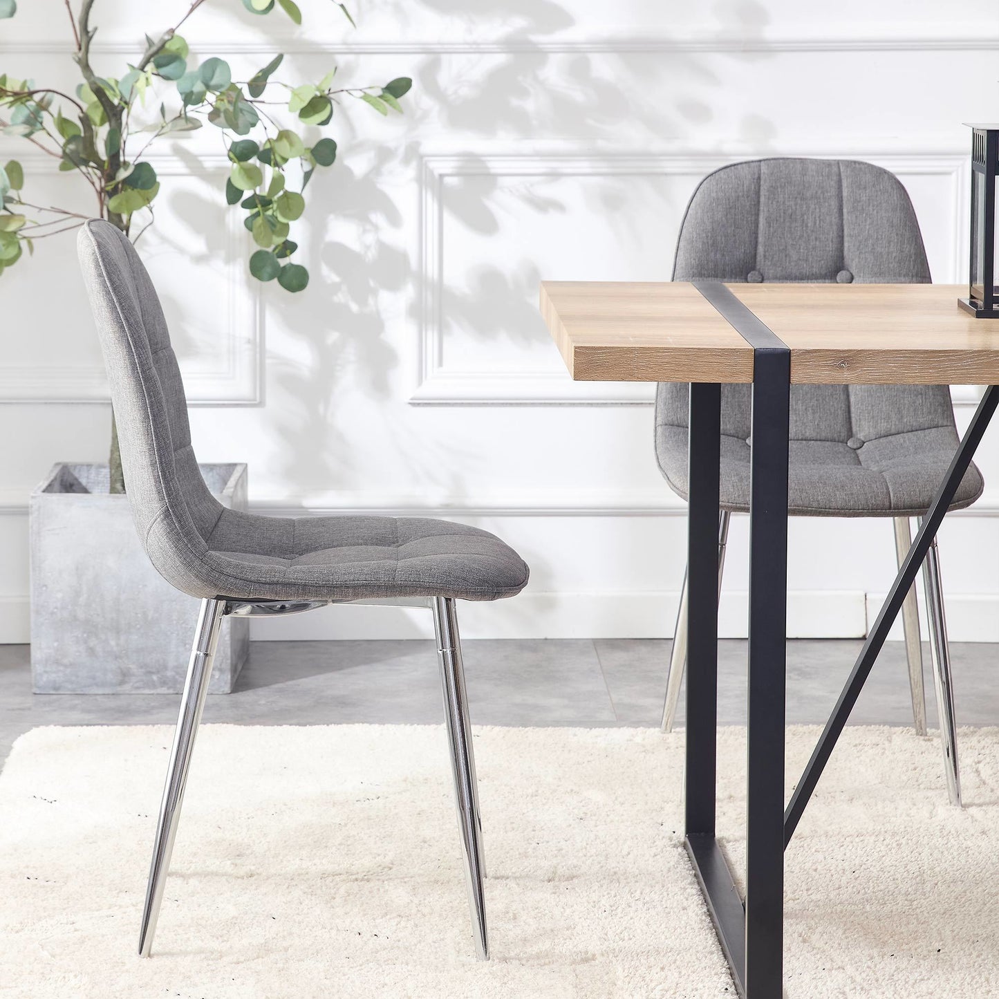 Dining Chairs Set of 4; Modern Mid-Century Style Dining Kitchen Room Upholstered Side Chairs; Soft Tufted Linen Fabric with Inset Buttons; Chrome Metal Legs; for Kitchen Lounge Farmhouse; Light Gray
