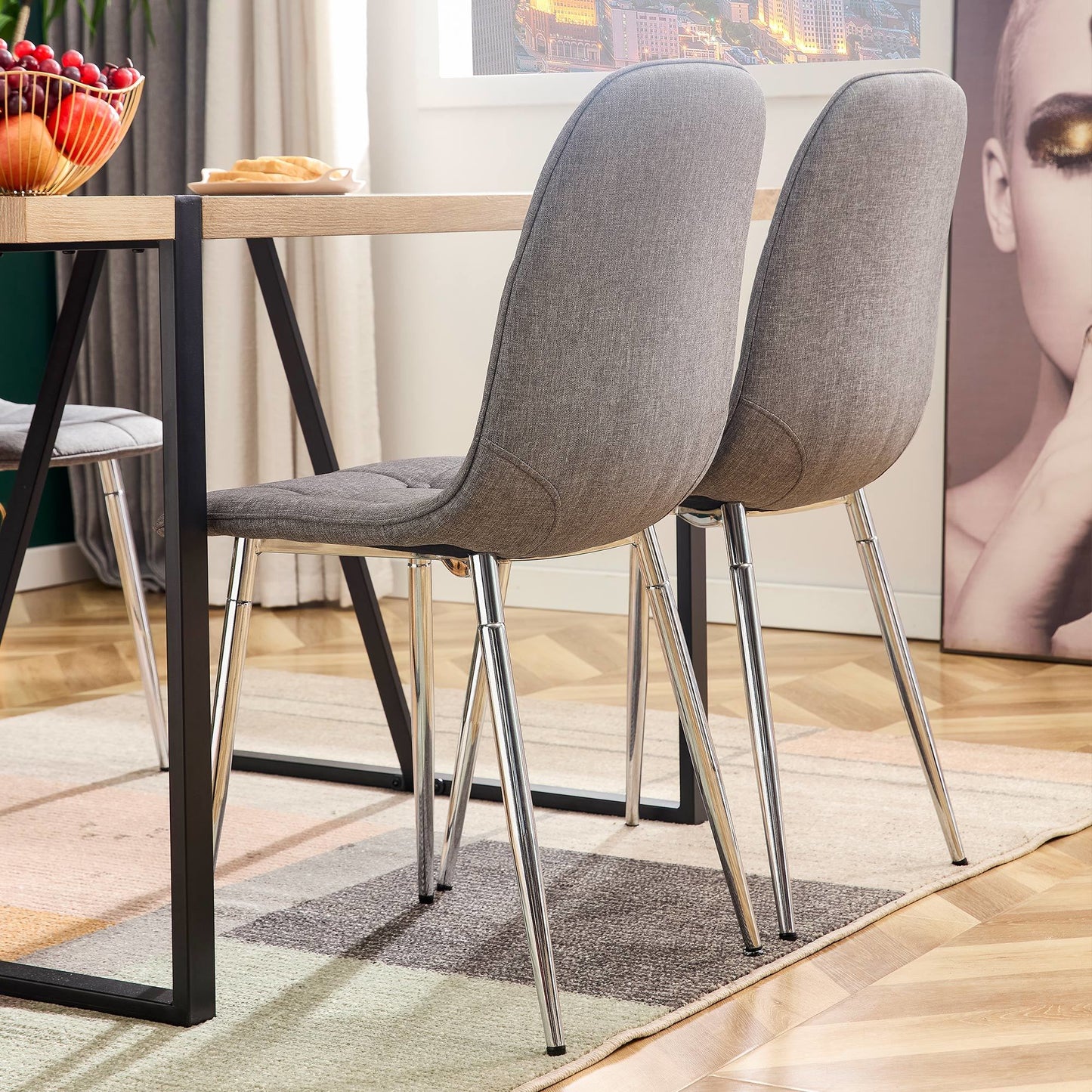 Dining Chairs Set of 4; Modern Mid-Century Style Dining Kitchen Room Upholstered Side Chairs; Soft Tufted Linen Fabric with Inset Buttons; Chrome Metal Legs; for Kitchen Lounge Farmhouse; Light Gray