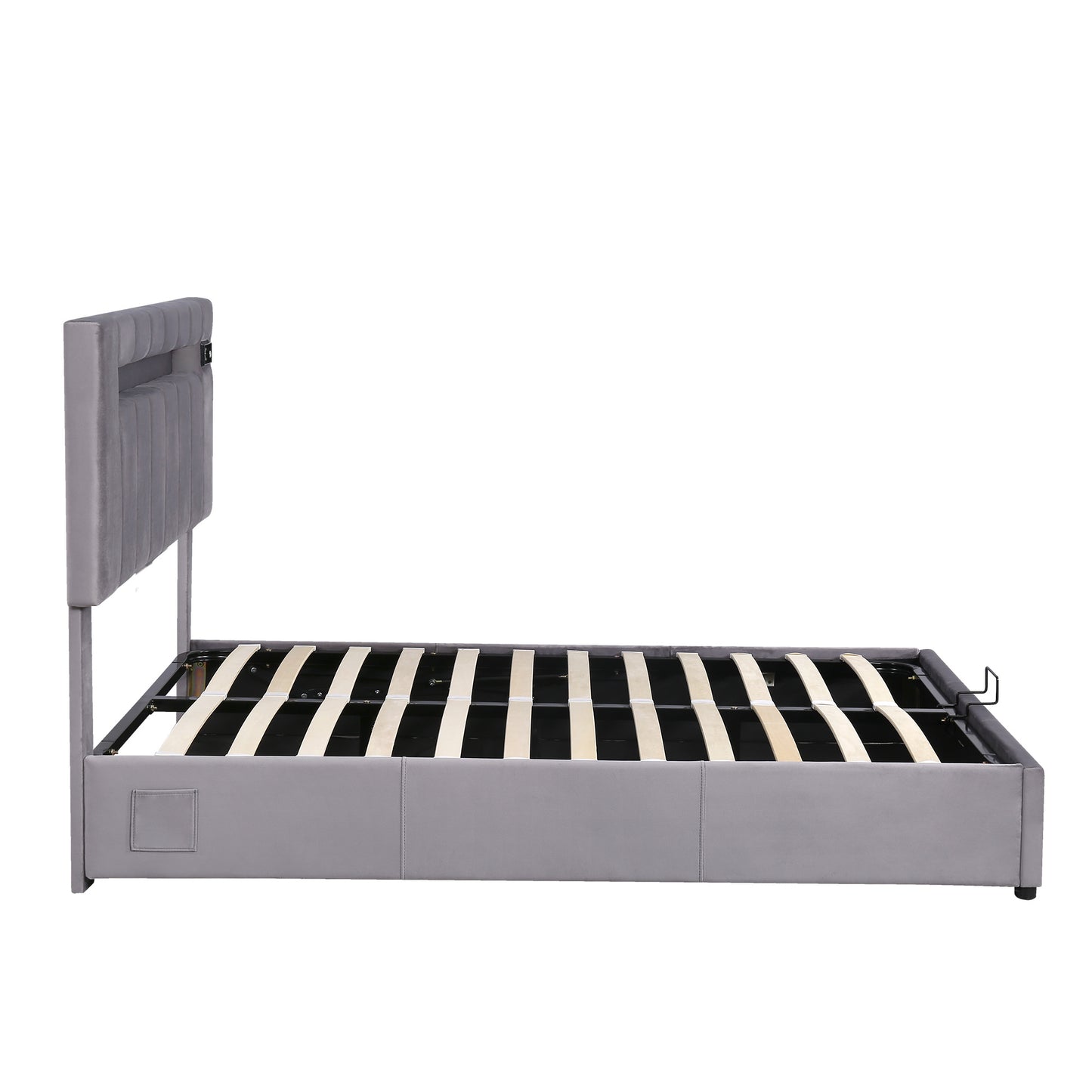Upholstered Bed Full Size with LED light; Bluetooth Player and USB Charging; Hydraulic Storage Bed in Velvet Fabric