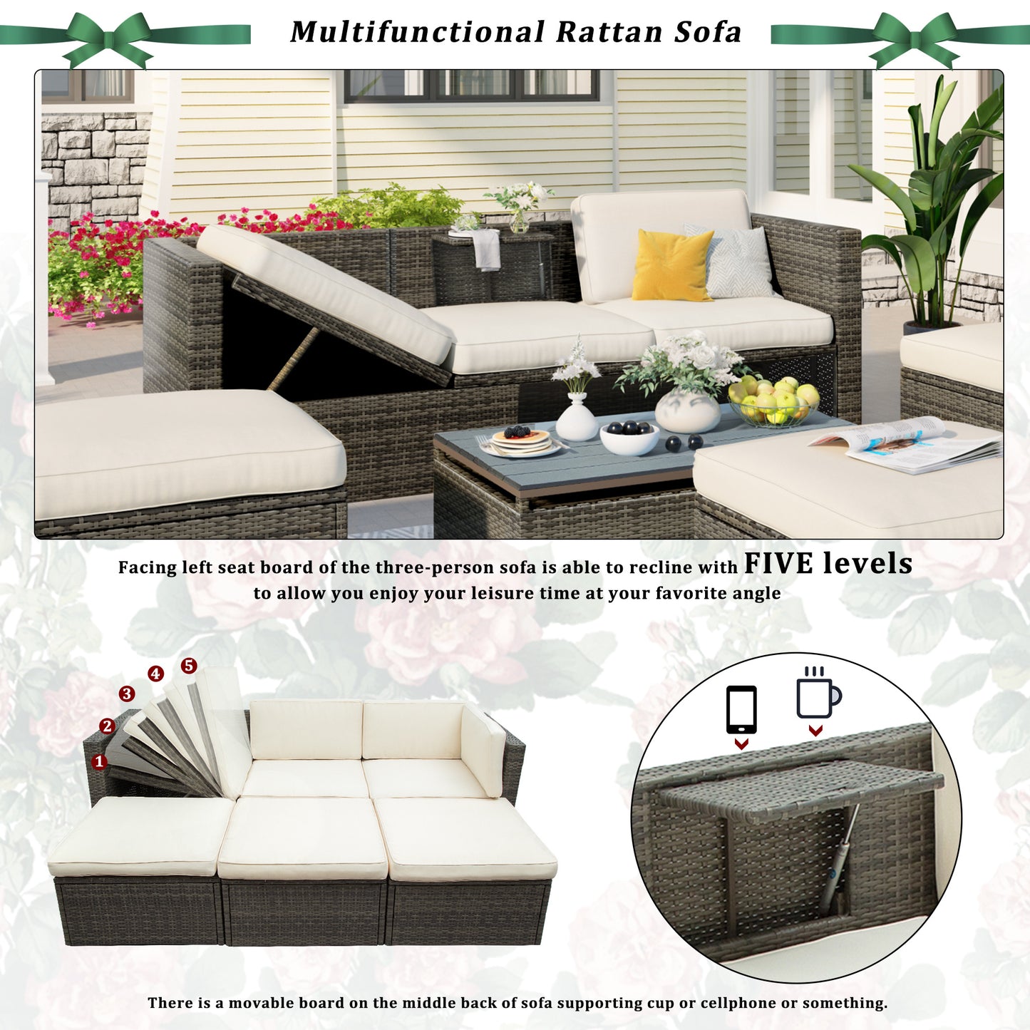 Patio Furniture Sets; 5-Piece Patio Wicker Sofa with Adustable Backrest; Cushions; Ottomans and Lift Top Coffee Table