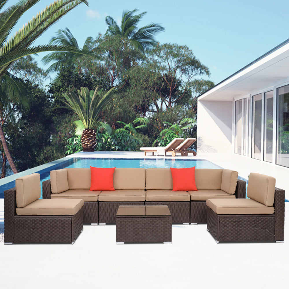 Large Seven-Piece Set 2 Corners 4 No Armrests 1 Square Table Coffee Table Dark Brown Tree Pattern Rattan Khaki Cushion XH