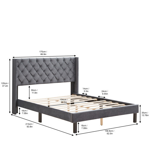 Linen Button Tufted-Upholstered Bed with Curve Design - Strong Wood Slat Support - Easy Assembly - Gray, Queen AL