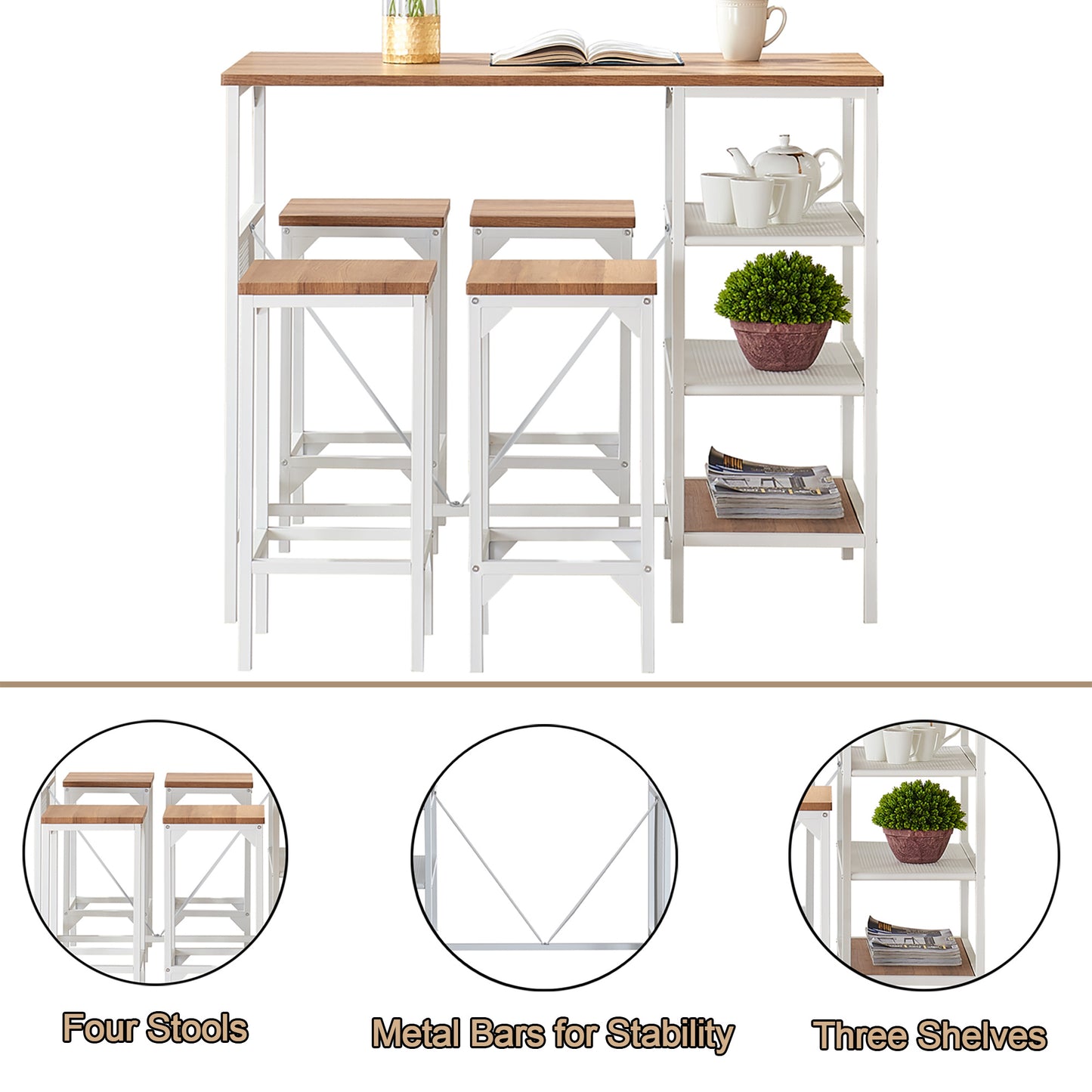5 Piece Counter Height Dining Table Set, Industrial Style Bar Pub Table with 4 Backless Bar stools for Home, Oak Finish YJ
