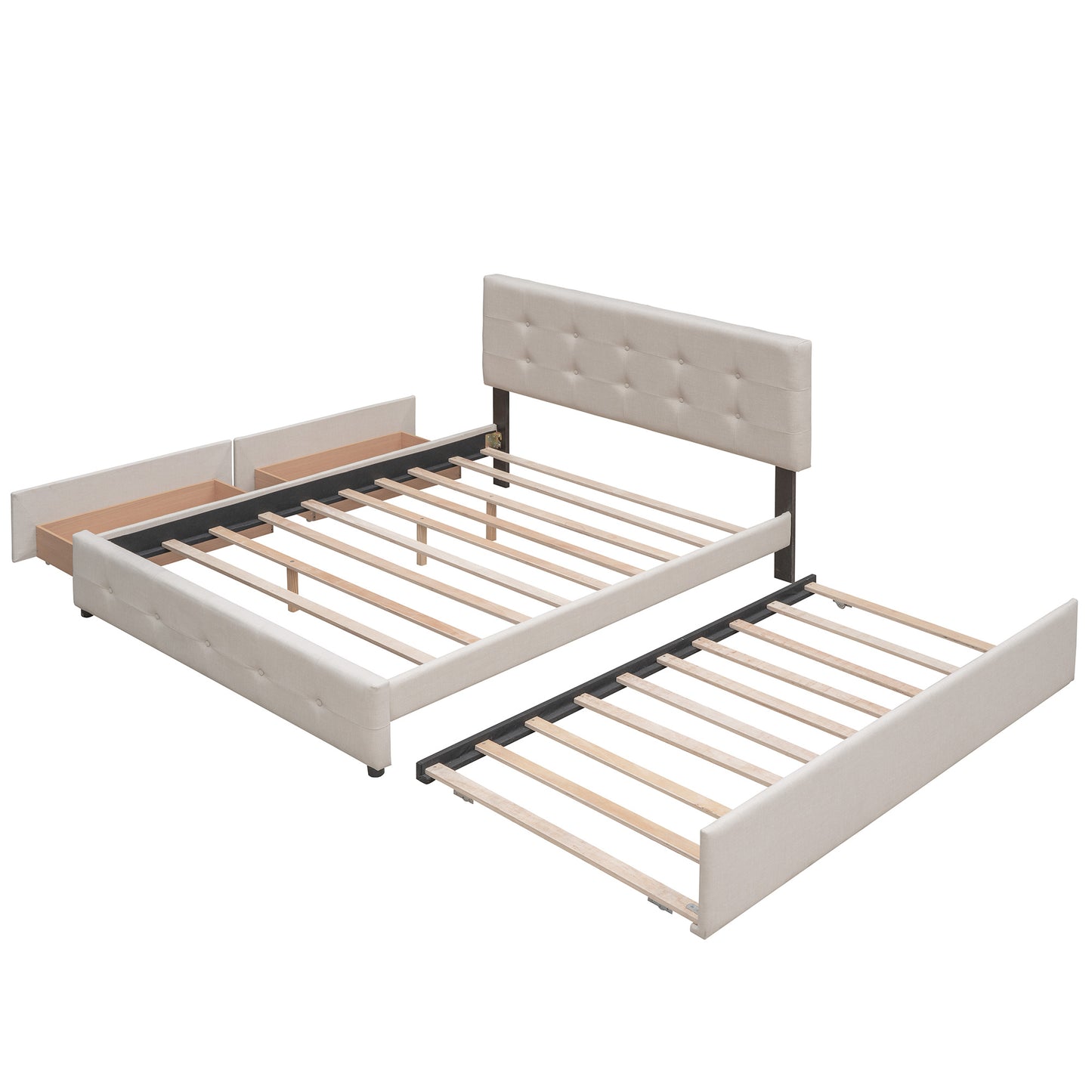 Upholstered Platform Bed with 2 Drawers and 1 Twin XL Trundle; Linen Fabric; Queen Size
