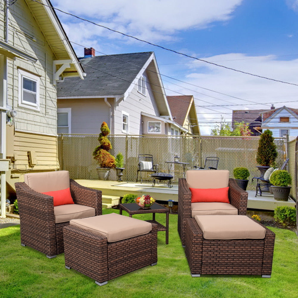5 PCS Outdoor Patio Rattan Wicker Furniture Set with Coffee Table Sofa Cushioned XH