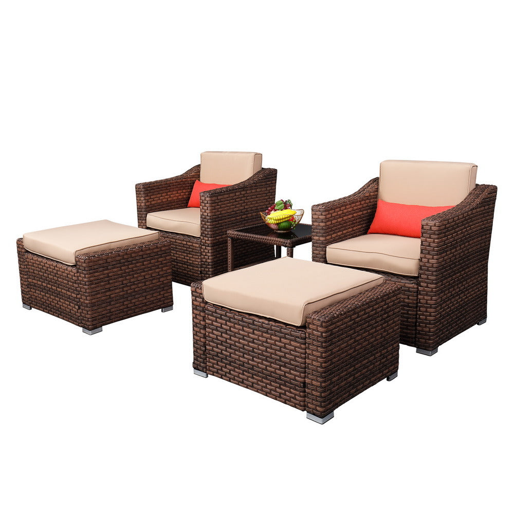5 PCS Outdoor Patio Rattan Wicker Furniture Set with Coffee Table Sofa Cushioned XH