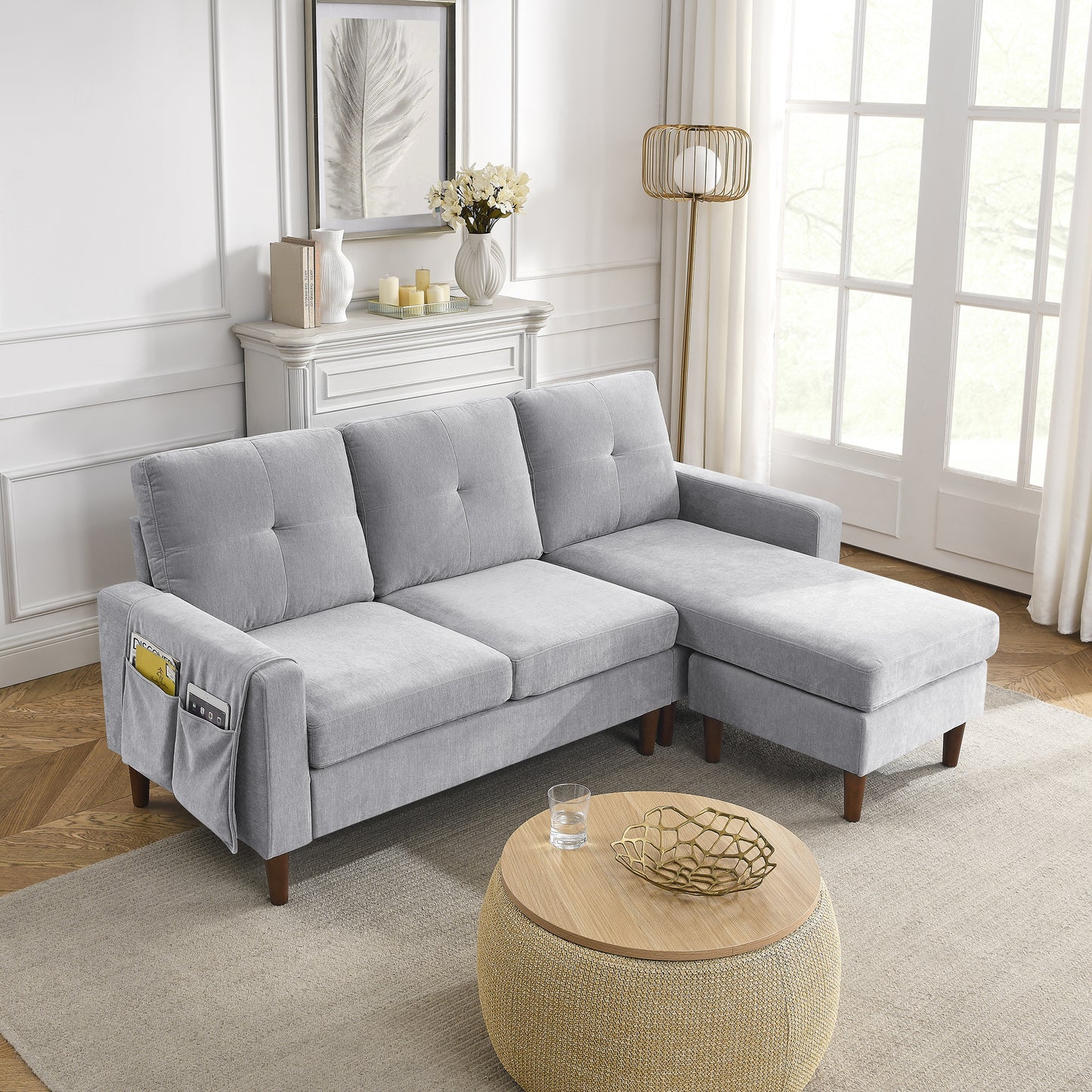 80' Convertible Sectional Sofa Couch; 3 Seats L-shape Sofa with Removable Cushions and Pocket; Rubber Wood Legs