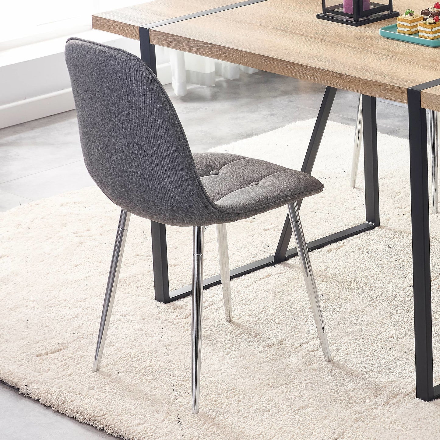 Dining Chairs Set of 4; Modern Mid-Century Style Dining Kitchen Room Upholstered Side Chairs; Soft Tufted Linen Fabric with Inset Buttons; Chrome Metal Legs; for Kitchen Lounge Farmhouse; Light Gray