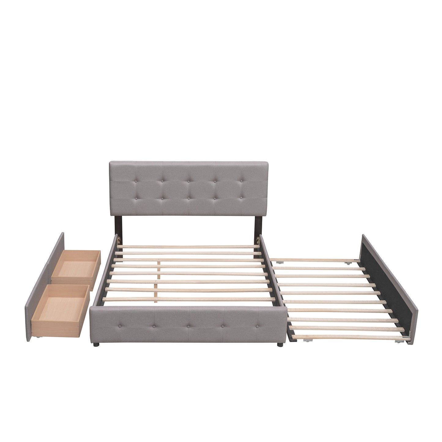 Upholstered Platform Bed with 2 Drawers and 1 Twin XL Trundle; Linen Fabric; Queen Size