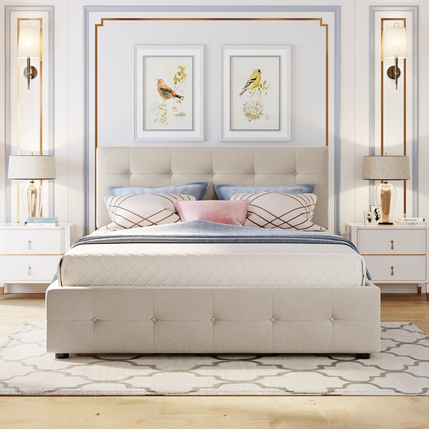 Upholstered Platform Bed with 2 Drawers and 1 Twin XL Trundle; Linen Fabric; Queen Size