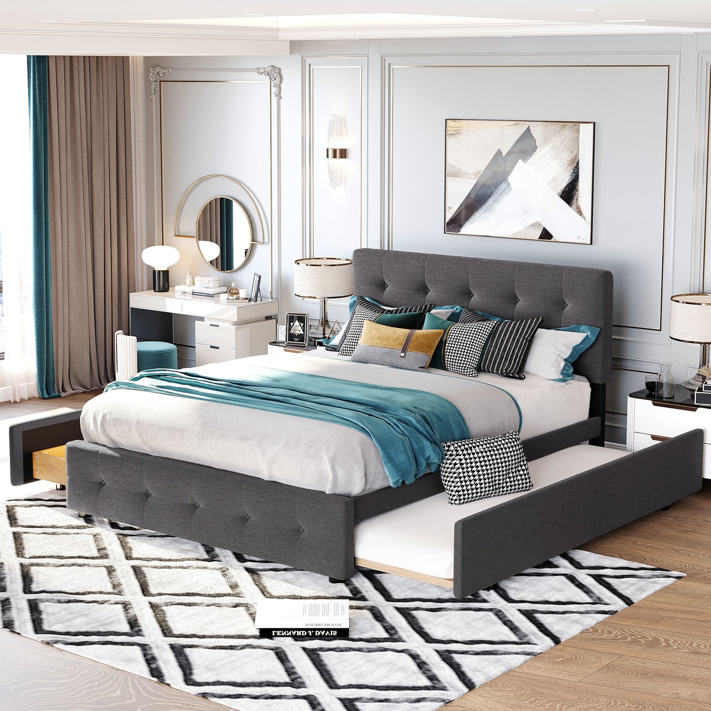 Upholstered Platform Bed with 2 Drawers and 1 Twin XL Trundle; Linen Fabric; Queen Size