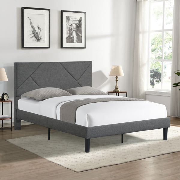 Full Size Upholstered Platform Bed Frame with Headboard; Strong Wood Slat Support; Mattress Foundation; No Box Spring Needed; Easy Assembly; Gray