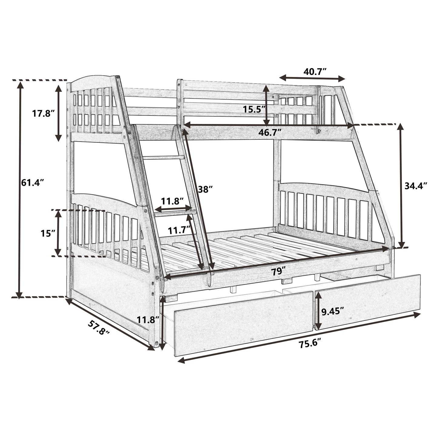 Solid Wood Twin Over Full Bunk Bed with Two Storage Drawers