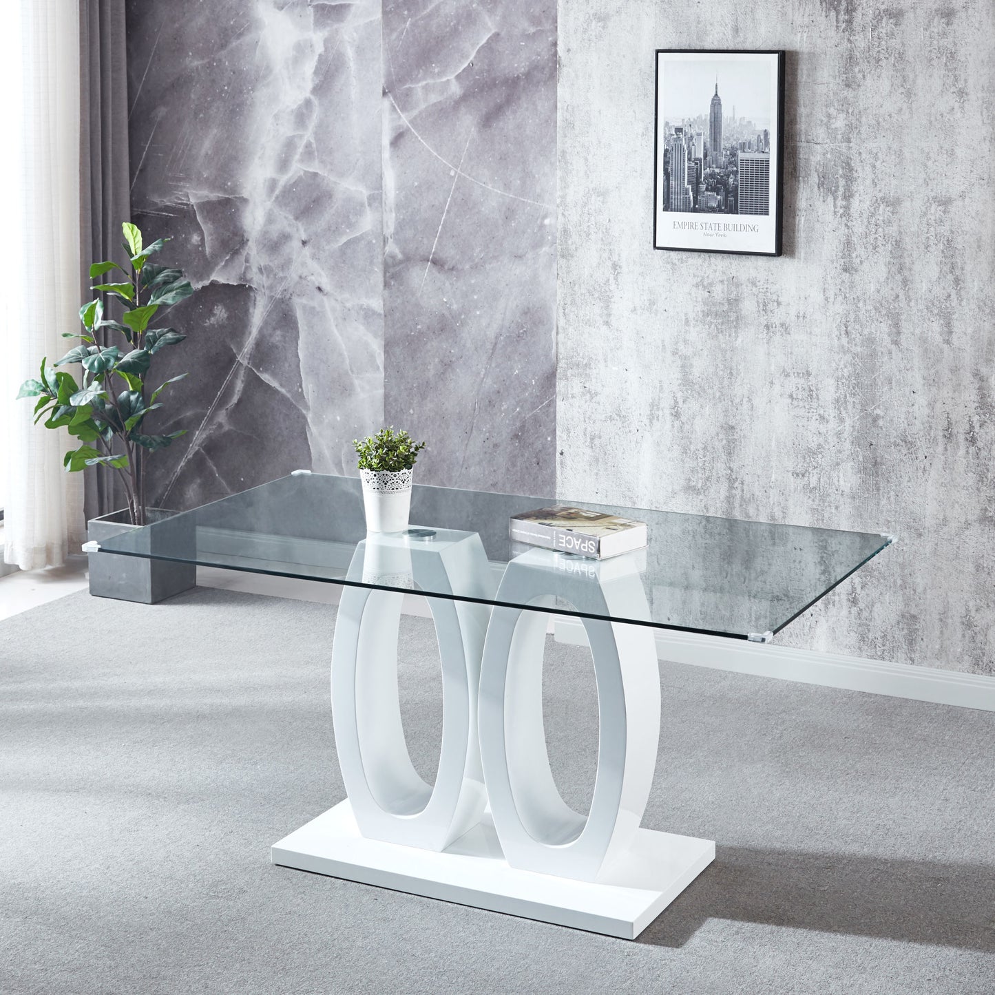 Contemporary Tempered Glass Top Double Pedestal Dining Table; size 63" x 35.4" x 29.5" (Black or White)