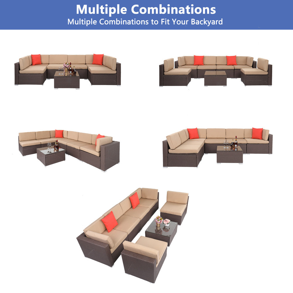 Large Seven-Piece Set 2 Corners 4 No Armrests 1 Square Table Coffee Table Dark Brown Tree Pattern Rattan Khaki Cushion XH