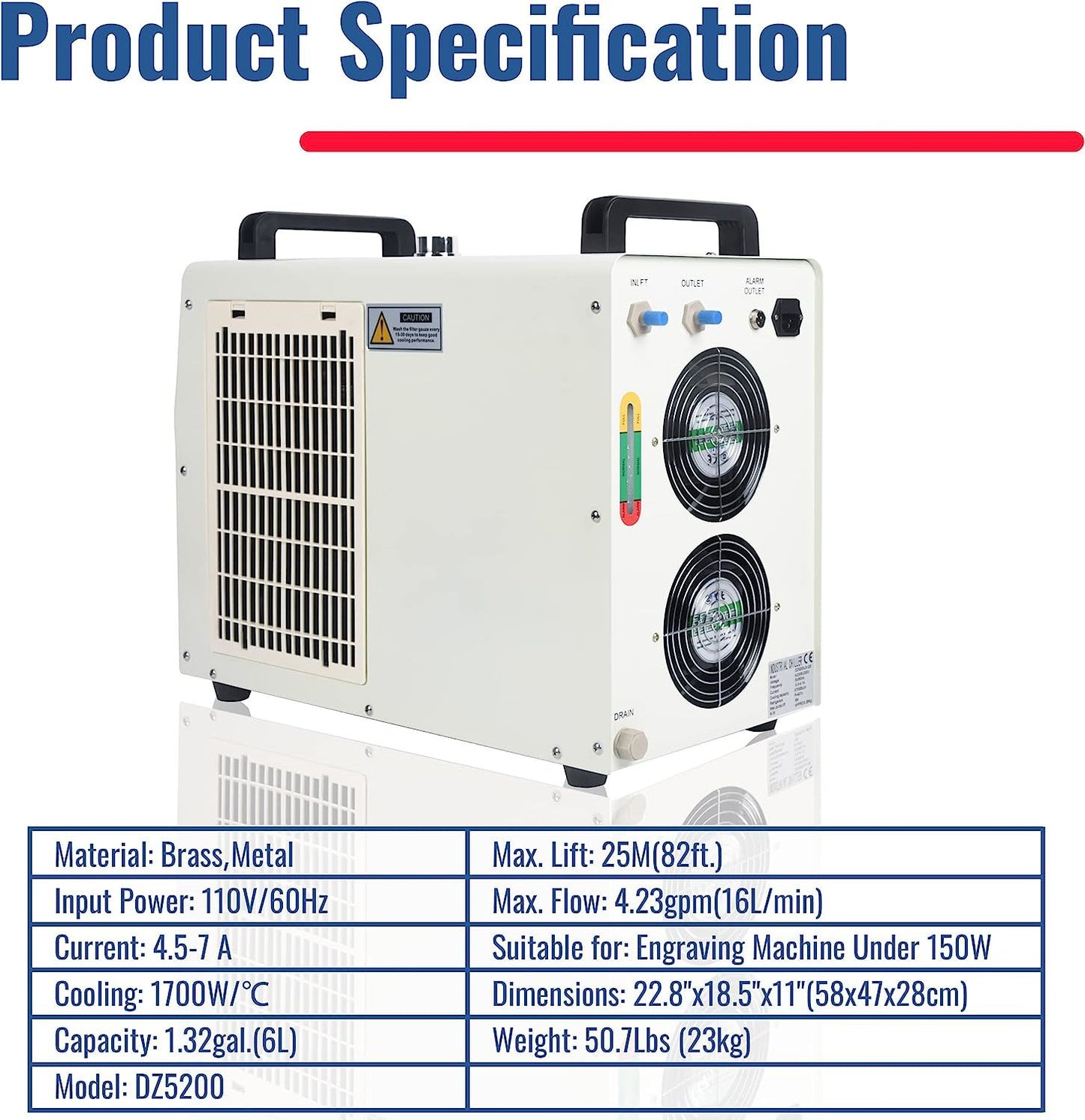 Water Chiller 6L Industrial Water Chiller for 40W 60W 80W 130W 150W CO2 Laser Engraving & Cutting Machines 4.23gpm 4.5-7A Current Recirculating Chiller