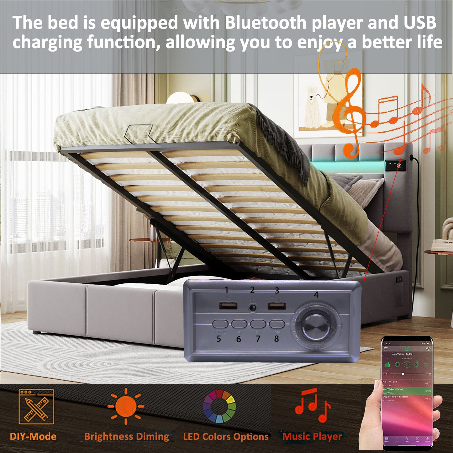 Upholstered Bed Full Size with LED light; Bluetooth Player and USB Charging; Hydraulic Storage Bed in Velvet Fabric