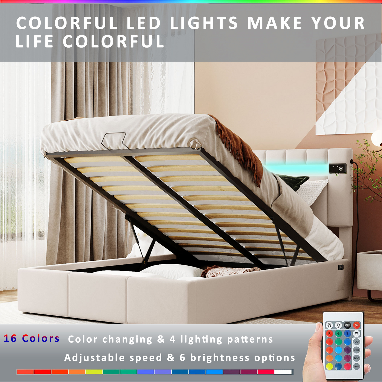 Upholstered Bed Full Size with LED light; Bluetooth Player and USB Charging; Hydraulic Storage Bed in Velvet Fabric