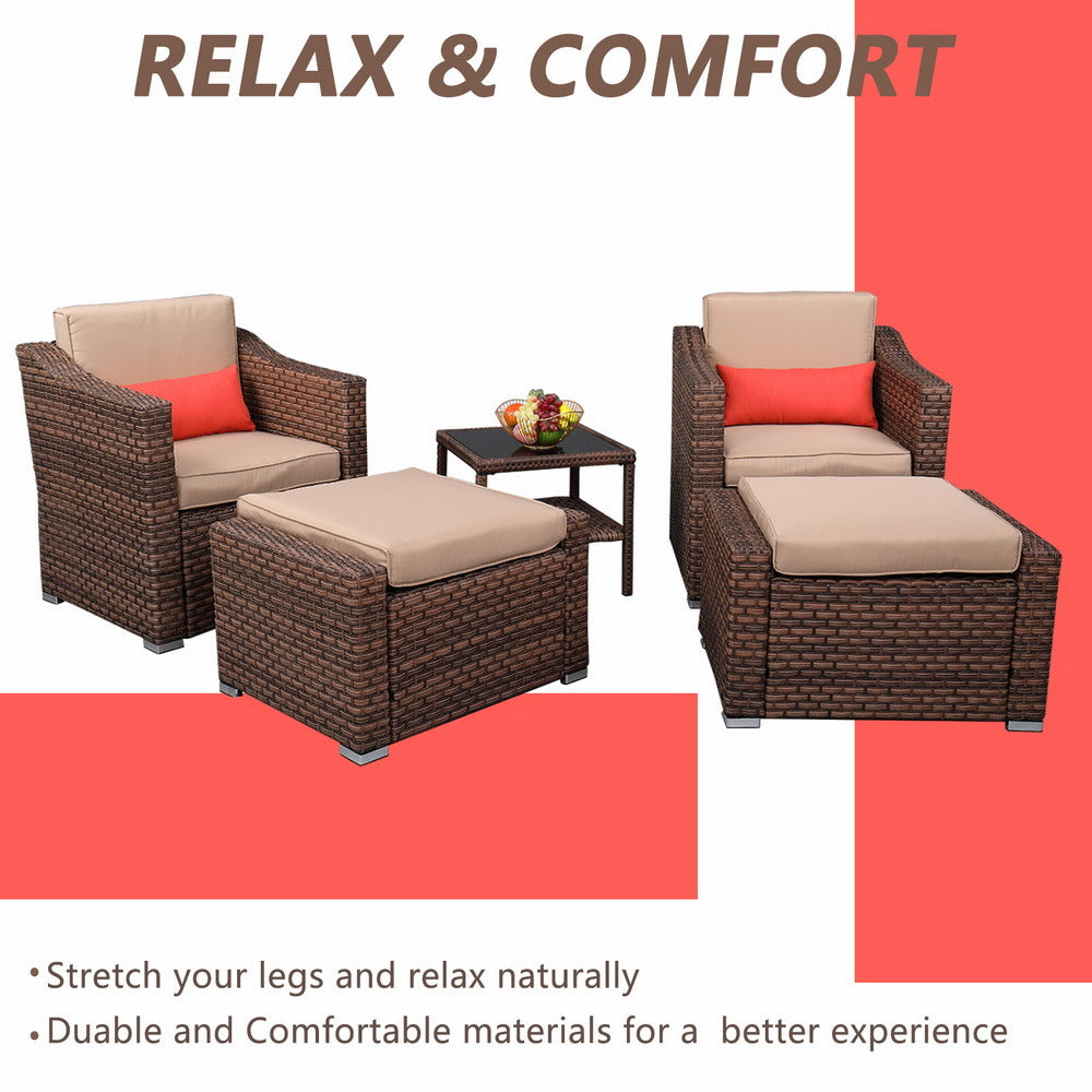 5 PCS Outdoor Patio Rattan Wicker Furniture Set with Coffee Table Sofa Cushioned XH