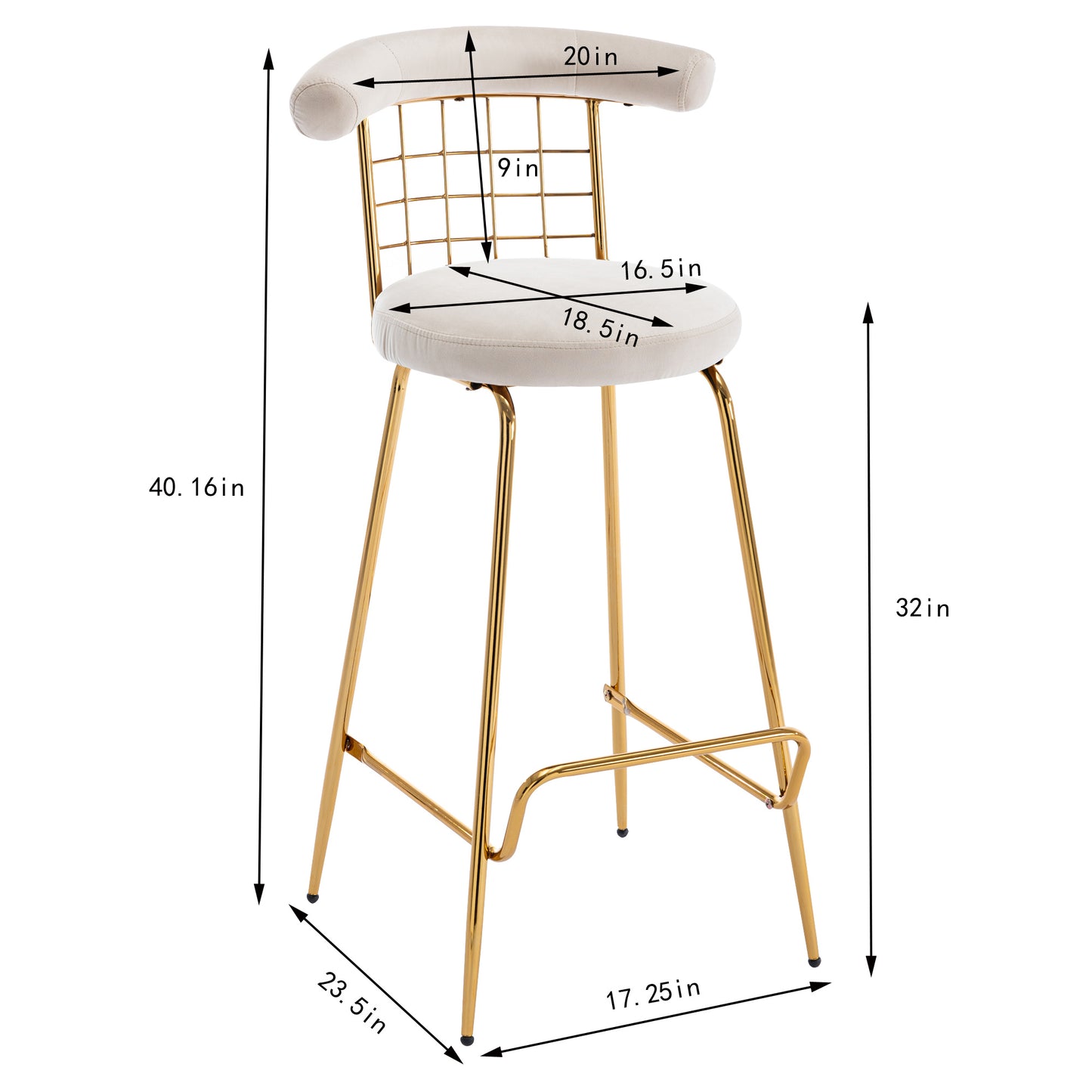 Bar Stool Set of 2, Luxury Velvet High Bar Stool with Metal Legs and Soft Back, Pub Stool Chairs Armless Modern Kitchen High Dining Chairs with Metal Legs