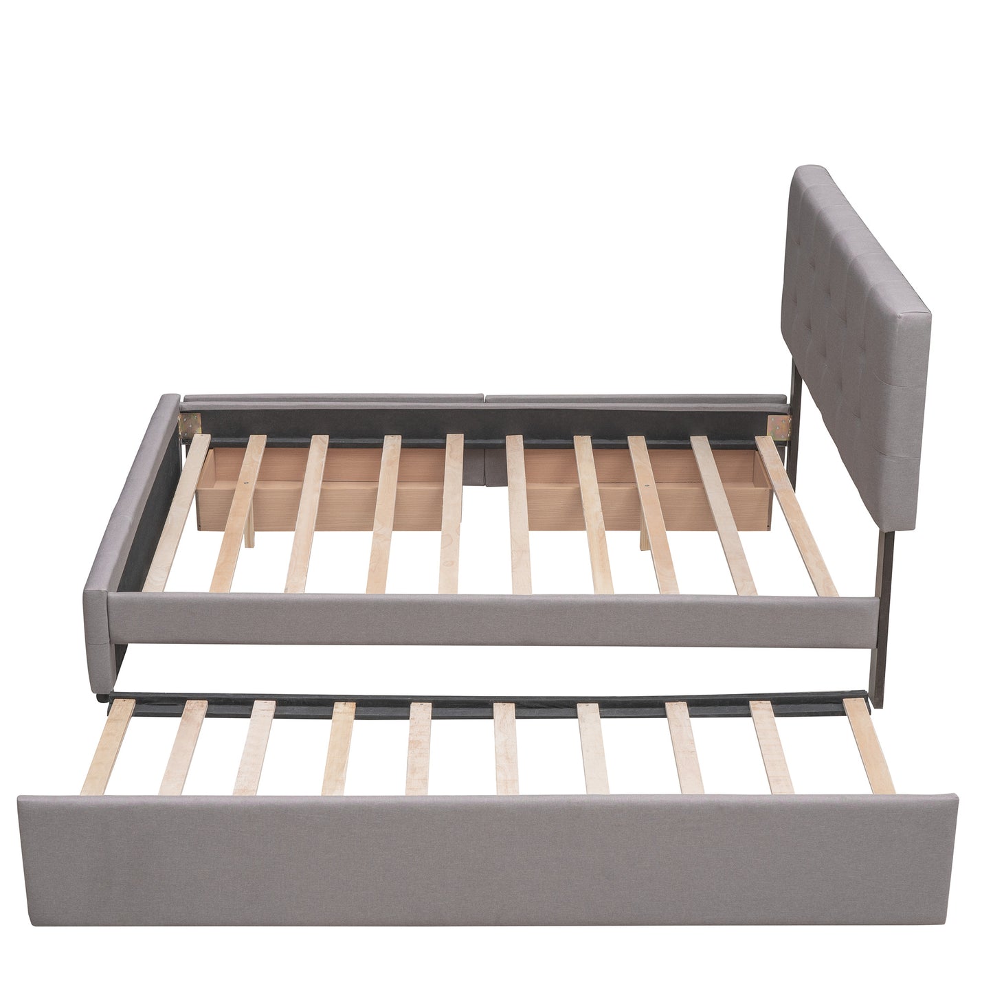 Upholstered Platform Bed with 2 Drawers and 1 Twin XL Trundle; Linen Fabric; Queen Size
