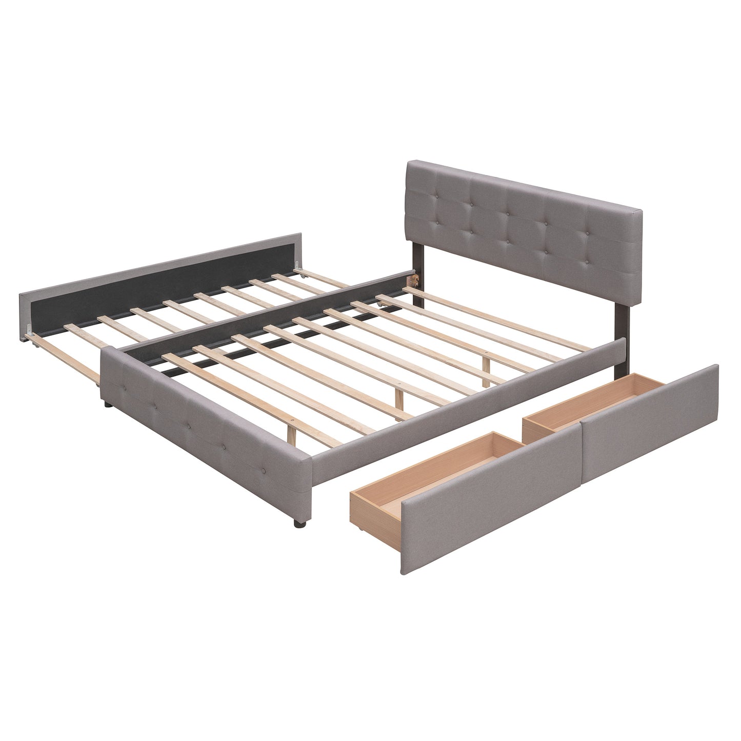 Upholstered Platform Bed with 2 Drawers and 1 Twin XL Trundle; Linen Fabric; Queen Size