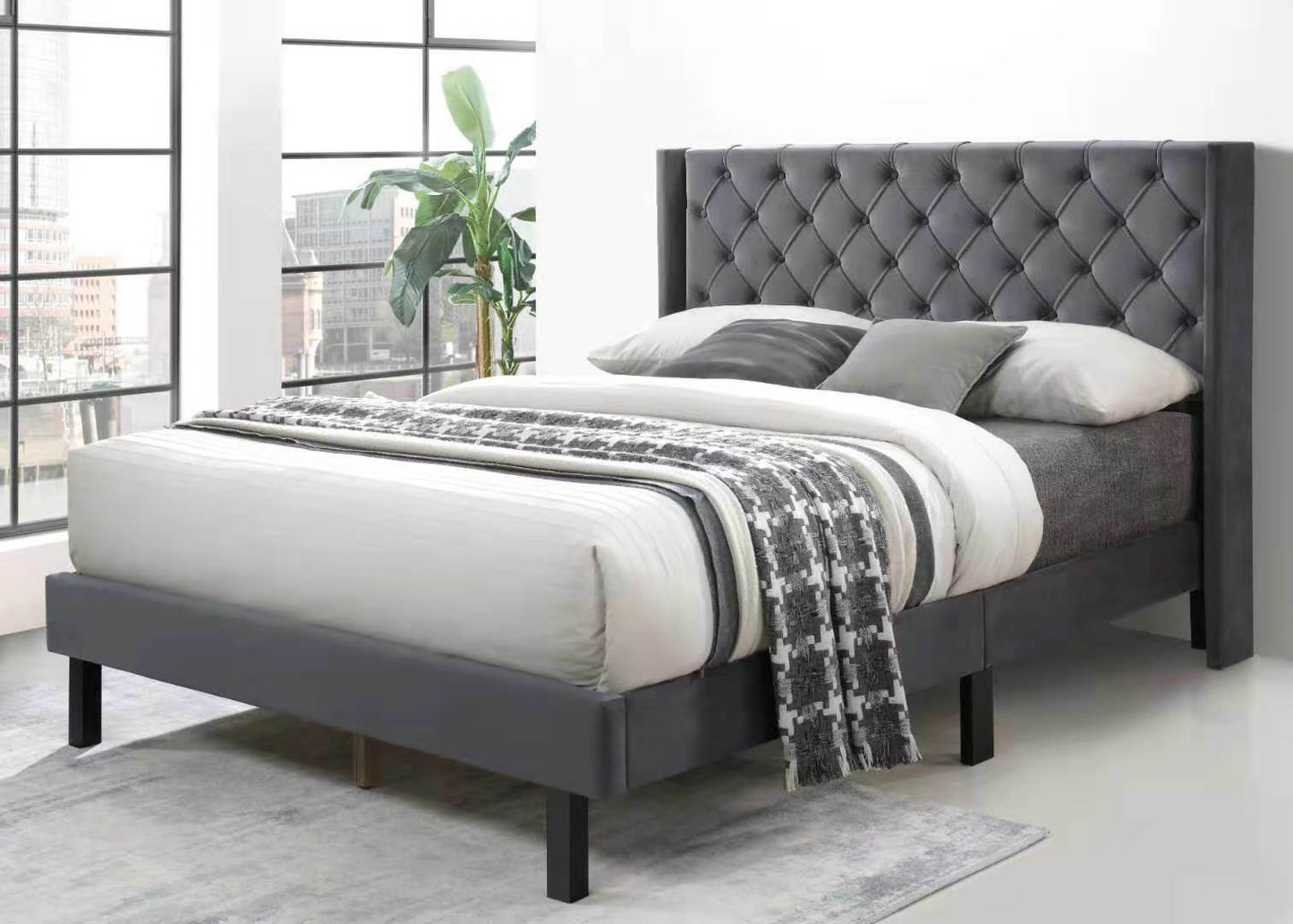 Linen Button Tufted-Upholstered Bed with Curve Design - Strong Wood Slat Support - Easy Assembly - Gray, Queen AL