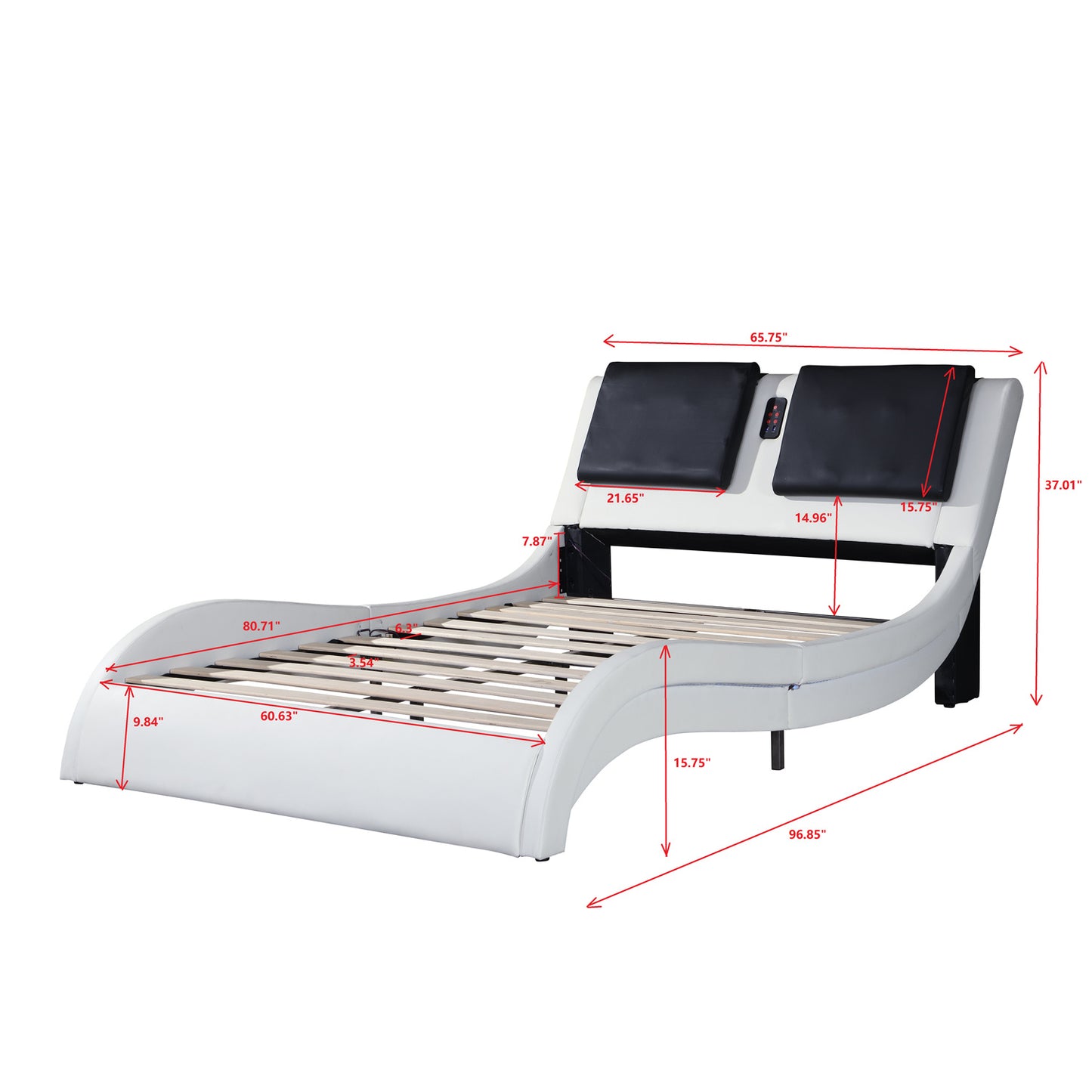 Faux Leather Upholstered Platform Bed Frame with led lighting; Bluetooth connection to play music RGB control; Backrest vibration massage; Curve Design; Wood Slat Support; No Box Spring Needed; Queen