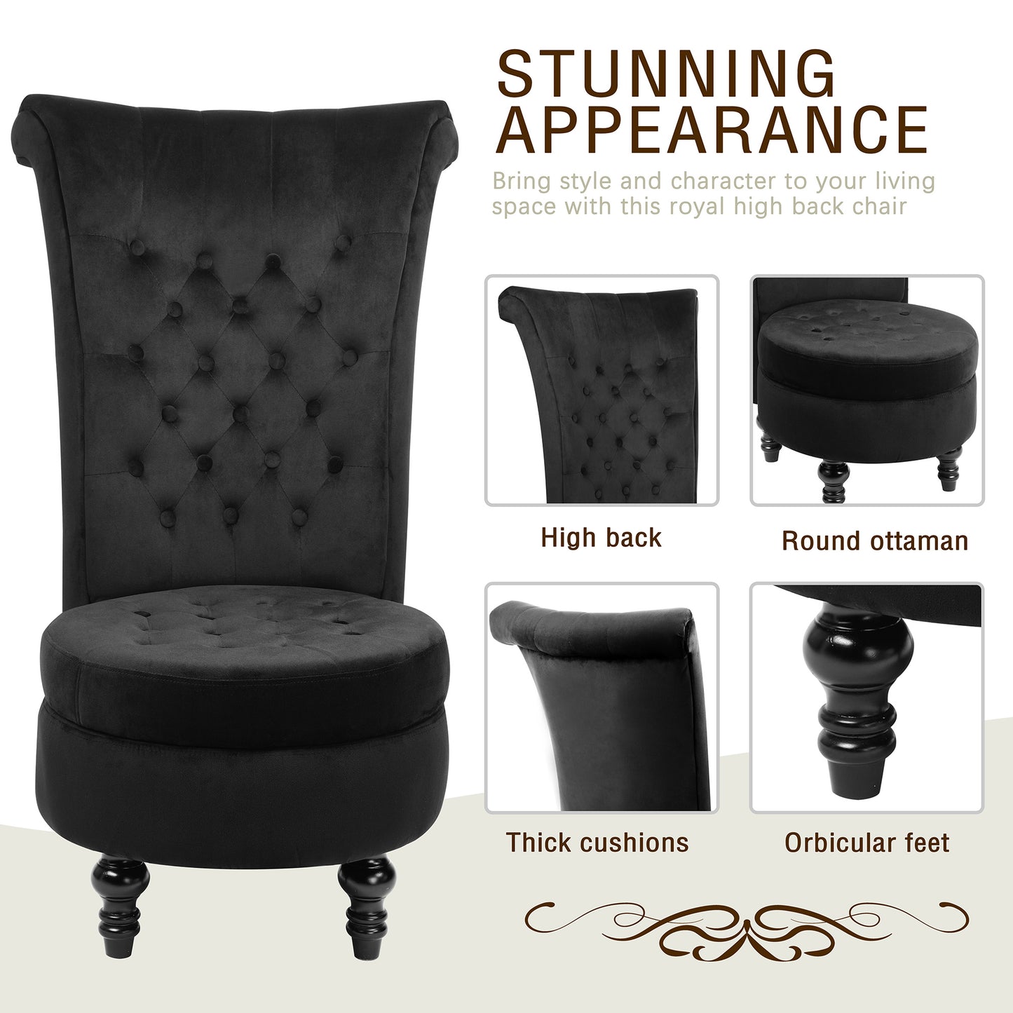 MU Royal Velvet High Back Armless Chair, Retro Elegant Luxury Throne Chair, Upholstered Tufted Accent Seat w/Storage for Dressing Room, Living Room, Bedroom