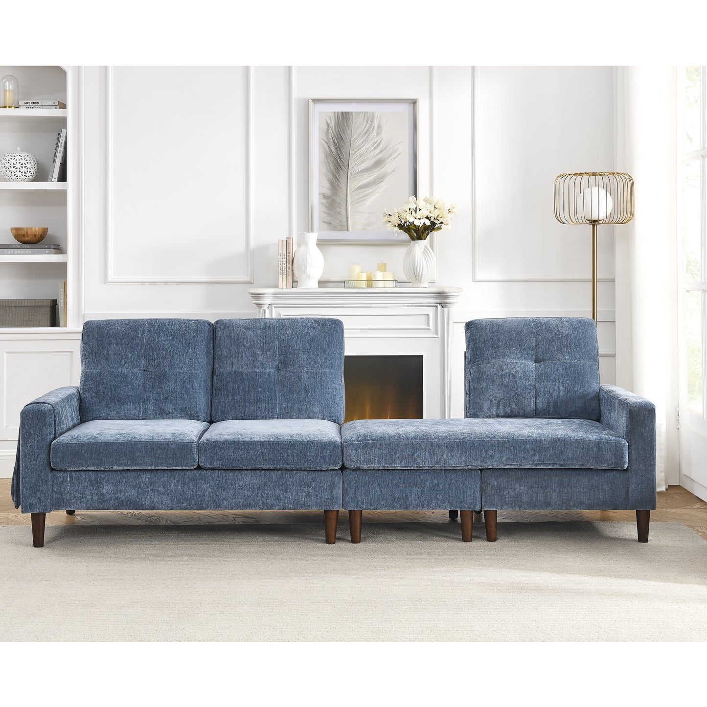 80' Convertible Sectional Sofa Couch; 3 Seats L-shape Sofa with Removable Cushions and Pocket; Rubber Wood Legs