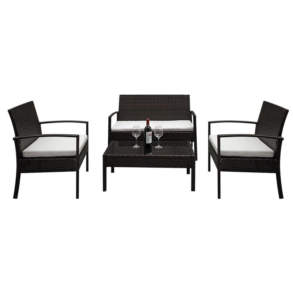 Outdoor 2pcs Arm Chairs 1pc Love Seat & Tempered Glass Coffee Table Rattan Sofa Set XH